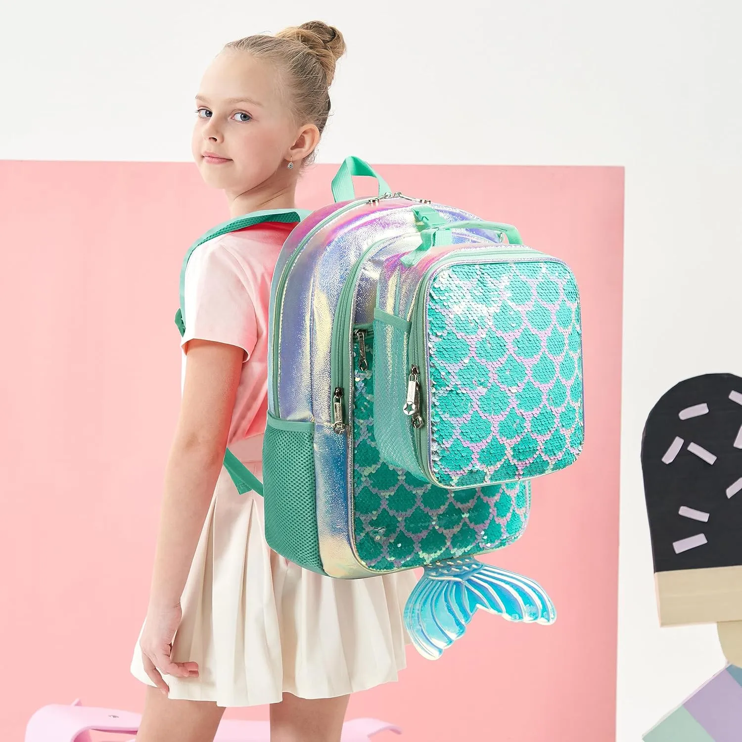 Meetbelify Backpack for Girls Mermaid Magic Sequin School Bag with Lunch Box Girls Backpack Set for Elementary Preschool Bookbag