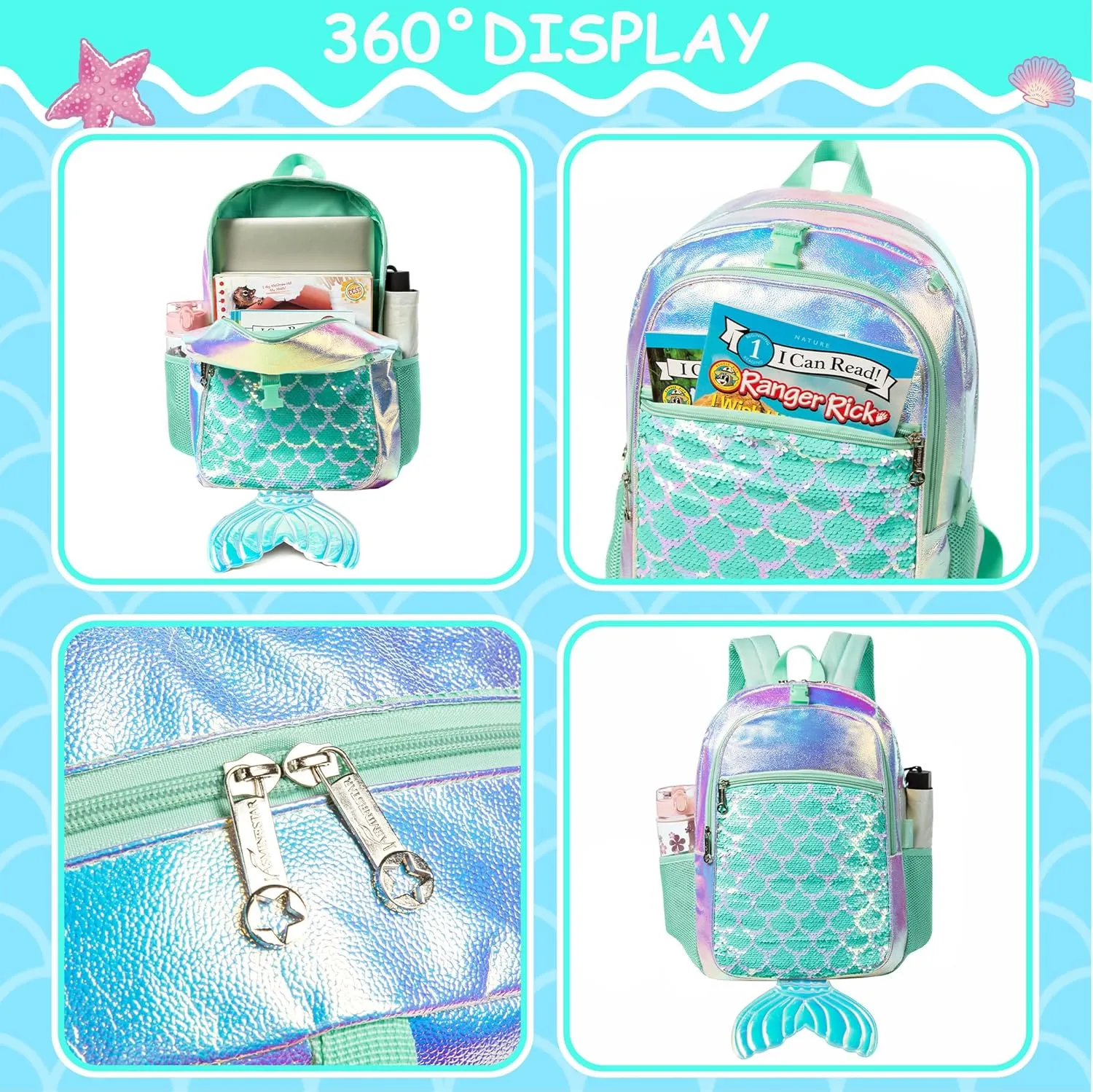 Meetbelify Backpack for Girls Mermaid Magic Sequin School Bag with Lunch Box Girls Backpack Set for Elementary Preschool Bookbag