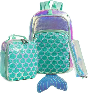 Meetbelify Backpack for Girls Mermaid Magic Sequin School Bag with Lunch Box Girls Backpack Set for Elementary Preschool Bookbag