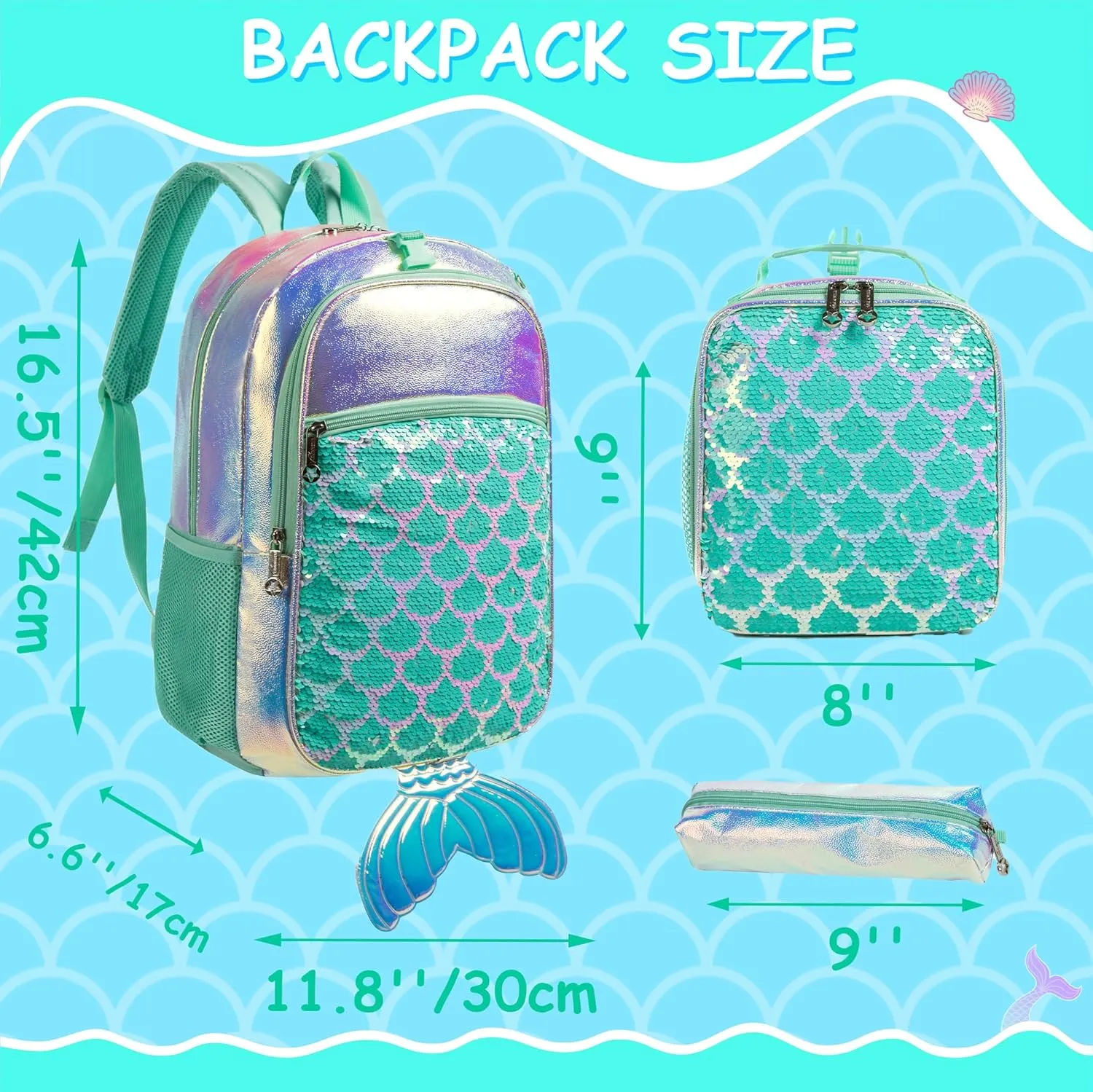 Meetbelify Backpack for Girls Mermaid Magic Sequin School Bag with Lunch Box Girls Backpack Set for Elementary Preschool Bookbag