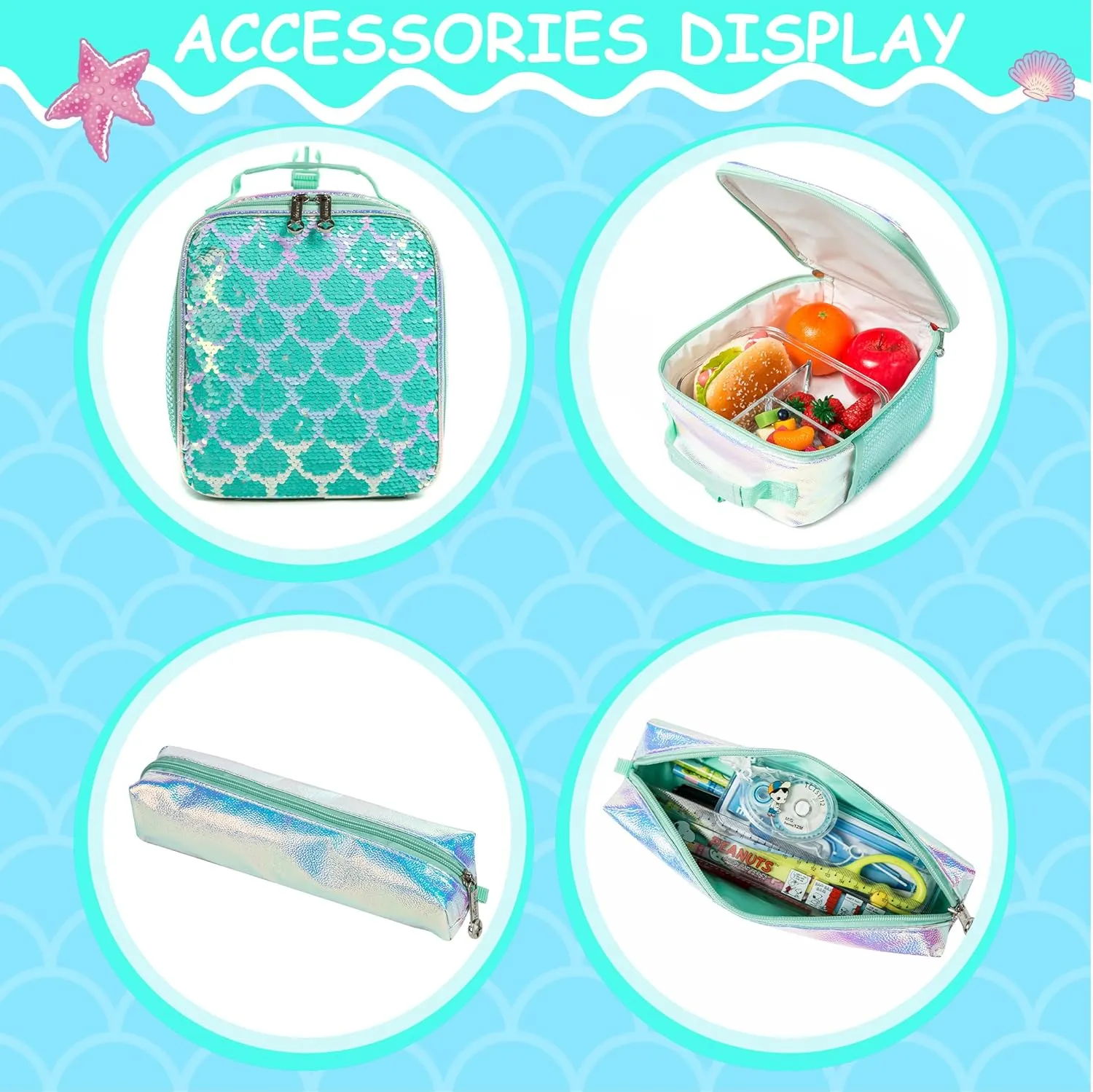 Meetbelify Backpack for Girls Mermaid Magic Sequin School Bag with Lunch Box Girls Backpack Set for Elementary Preschool Bookbag