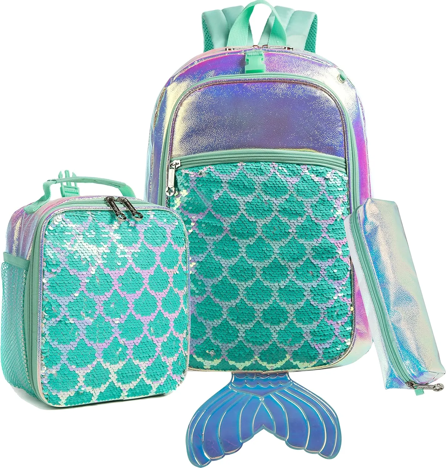 Meetbelify Backpack for Girls Mermaid Magic Sequin School Bag with Lunch Box Girls Backpack Set for Elementary Preschool Bookbag