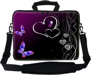 Meffort Inc 17 Inch Neoprene Laptop Bag with Extra Side Pocket, Soft Carrying Handle & Removable Shoulder Strap Fit 16" to 17.3" Size - Purple Butterfly Heart