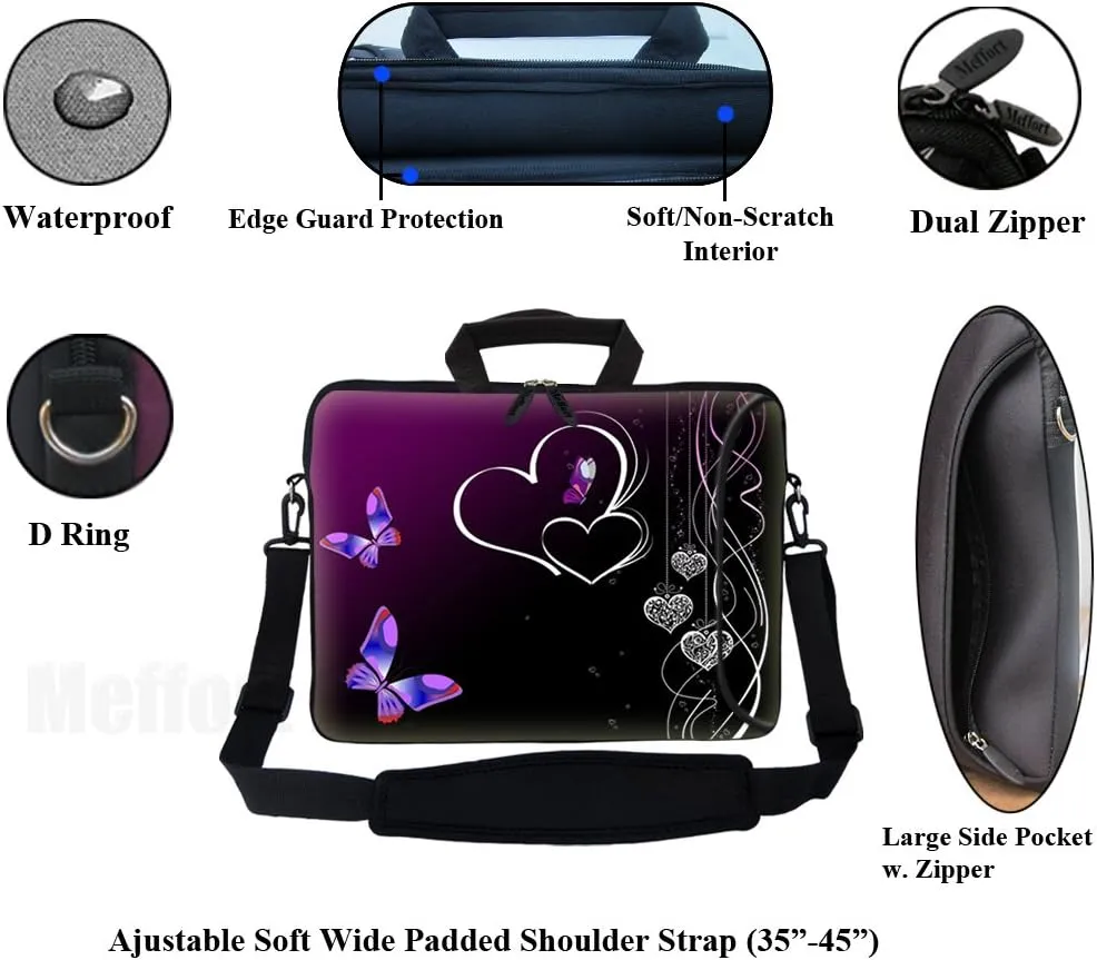 Meffort Inc 17 Inch Neoprene Laptop Bag with Extra Side Pocket, Soft Carrying Handle & Removable Shoulder Strap Fit 16" to 17.3" Size - Purple Butterfly Heart