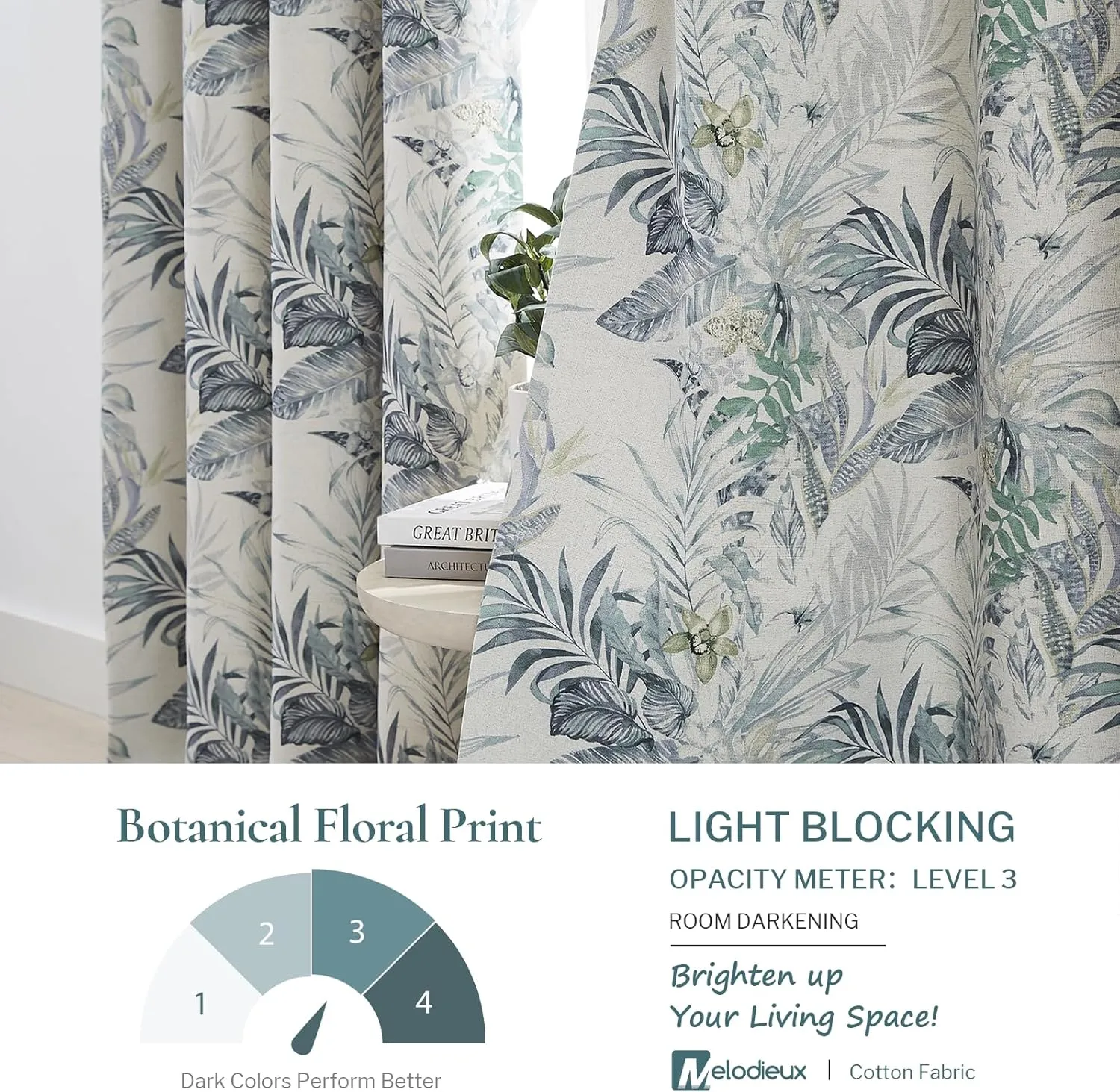 Melodieux Blackout Floral Cotton Curtains 84 Inches Long for Bedroom, Vintage Farmhouse Country Botanical Grommet Drapes Thermal Insulated Living Room Curtains, 52 by 84 in, Green, 2 Panels