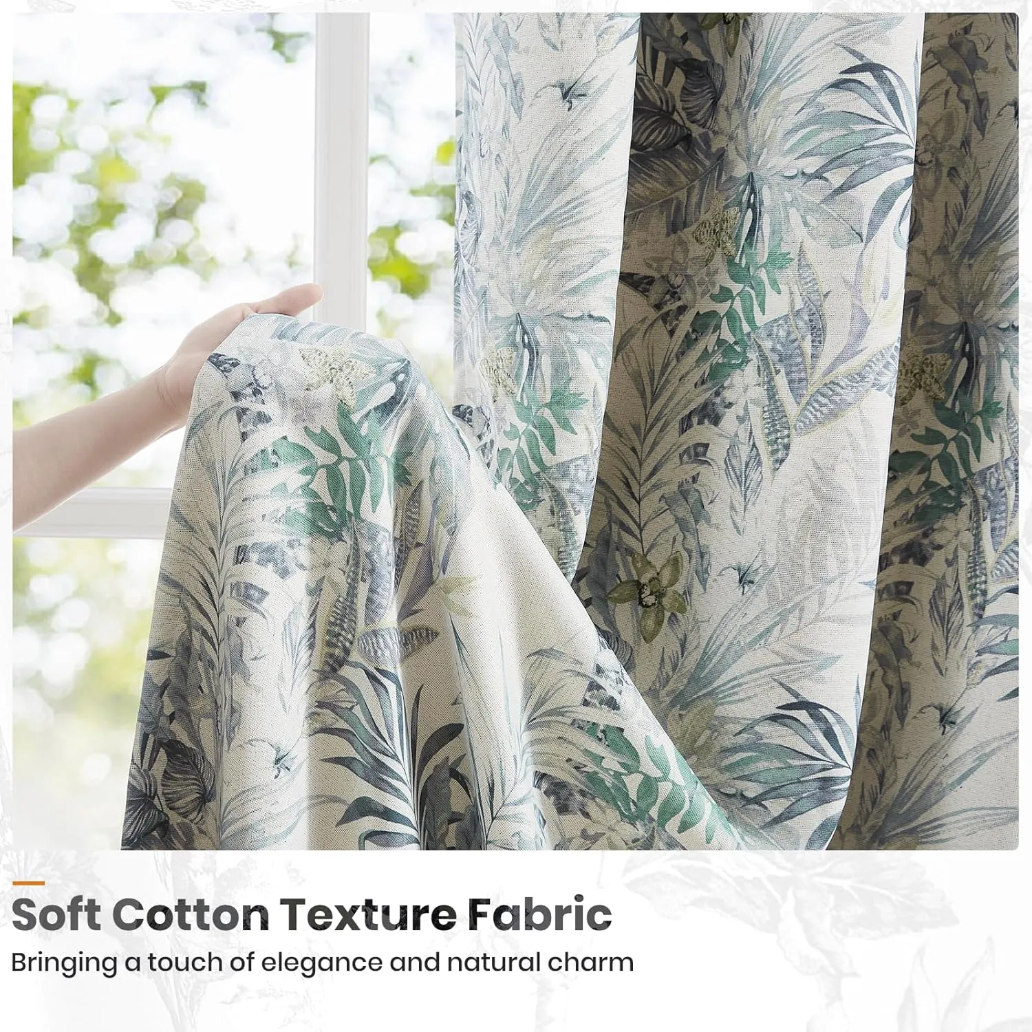 Melodieux Blackout Floral Cotton Curtains 84 Inches Long for Bedroom, Vintage Farmhouse Country Botanical Grommet Drapes Thermal Insulated Living Room Curtains, 52 by 84 in, Green, 2 Panels
