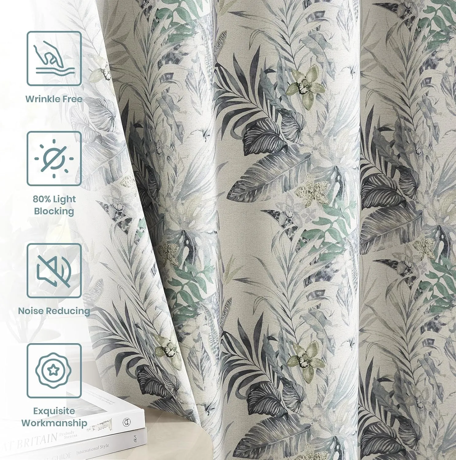 Melodieux Blackout Floral Cotton Curtains 84 Inches Long for Bedroom, Vintage Farmhouse Country Botanical Grommet Drapes Thermal Insulated Living Room Curtains, 52 by 84 in, Green, 2 Panels