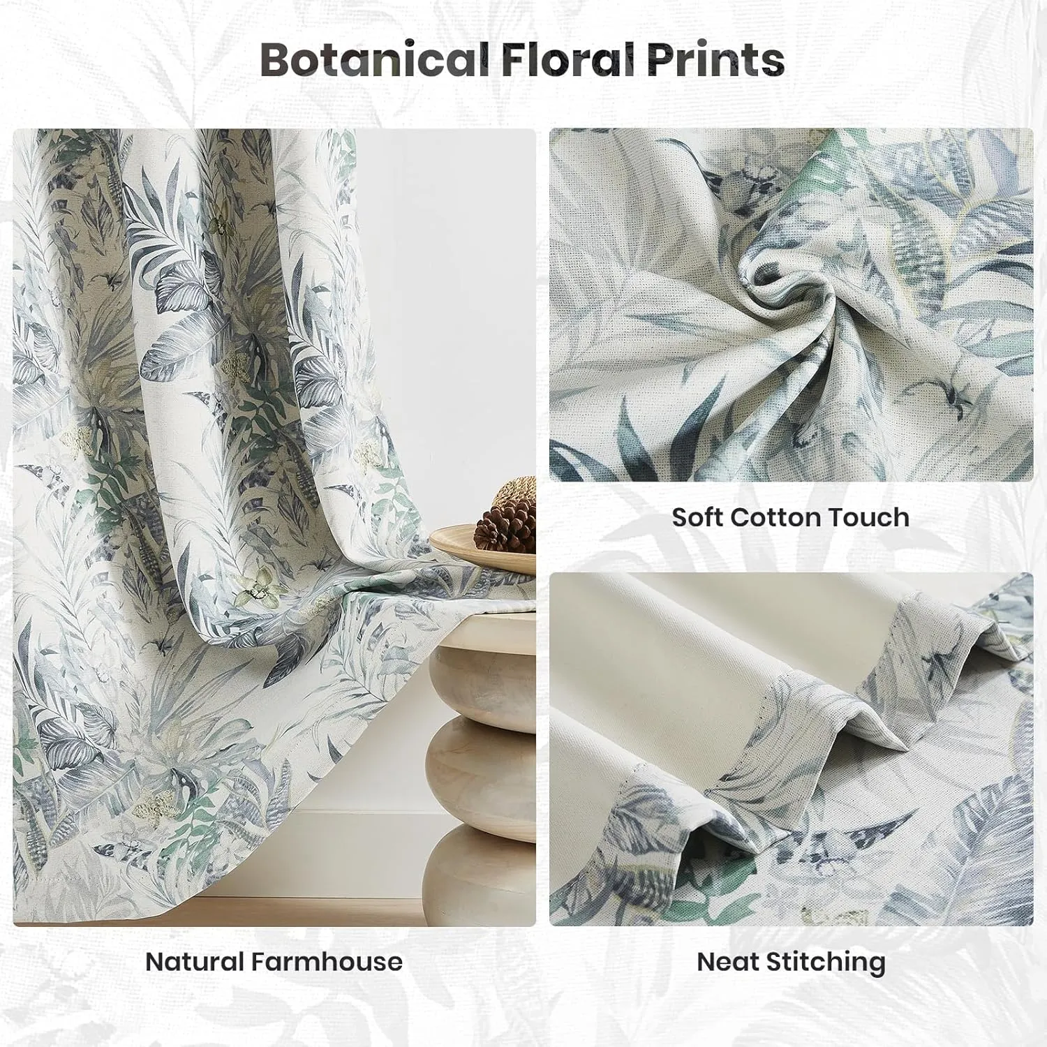 Melodieux Blackout Floral Cotton Curtains 84 Inches Long for Bedroom, Vintage Farmhouse Country Botanical Grommet Drapes Thermal Insulated Living Room Curtains, 52 by 84 in, Green, 2 Panels