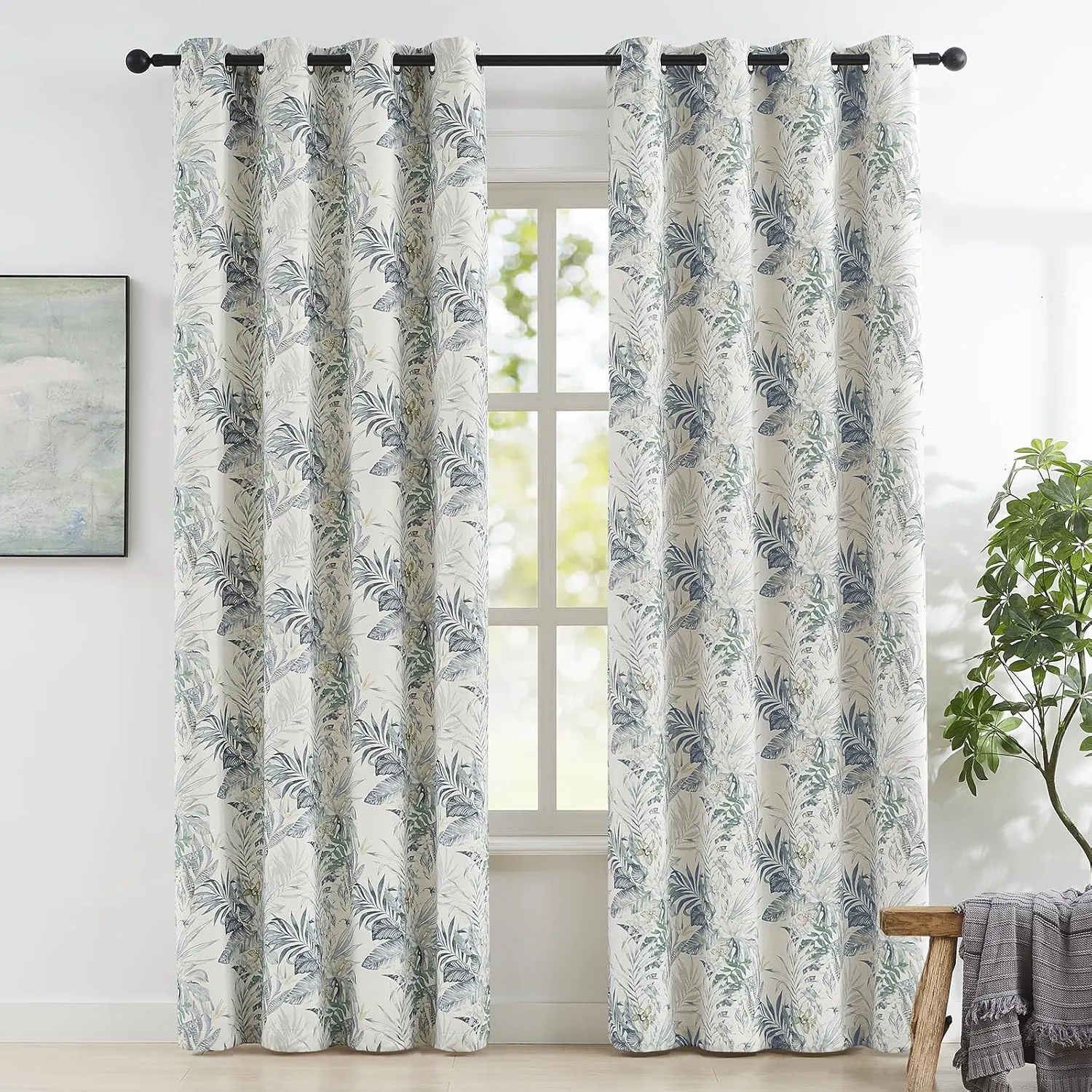 Melodieux Blackout Floral Cotton Curtains 84 Inches Long for Bedroom, Vintage Farmhouse Country Botanical Grommet Drapes Thermal Insulated Living Room Curtains, 52 by 84 in, Green, 2 Panels