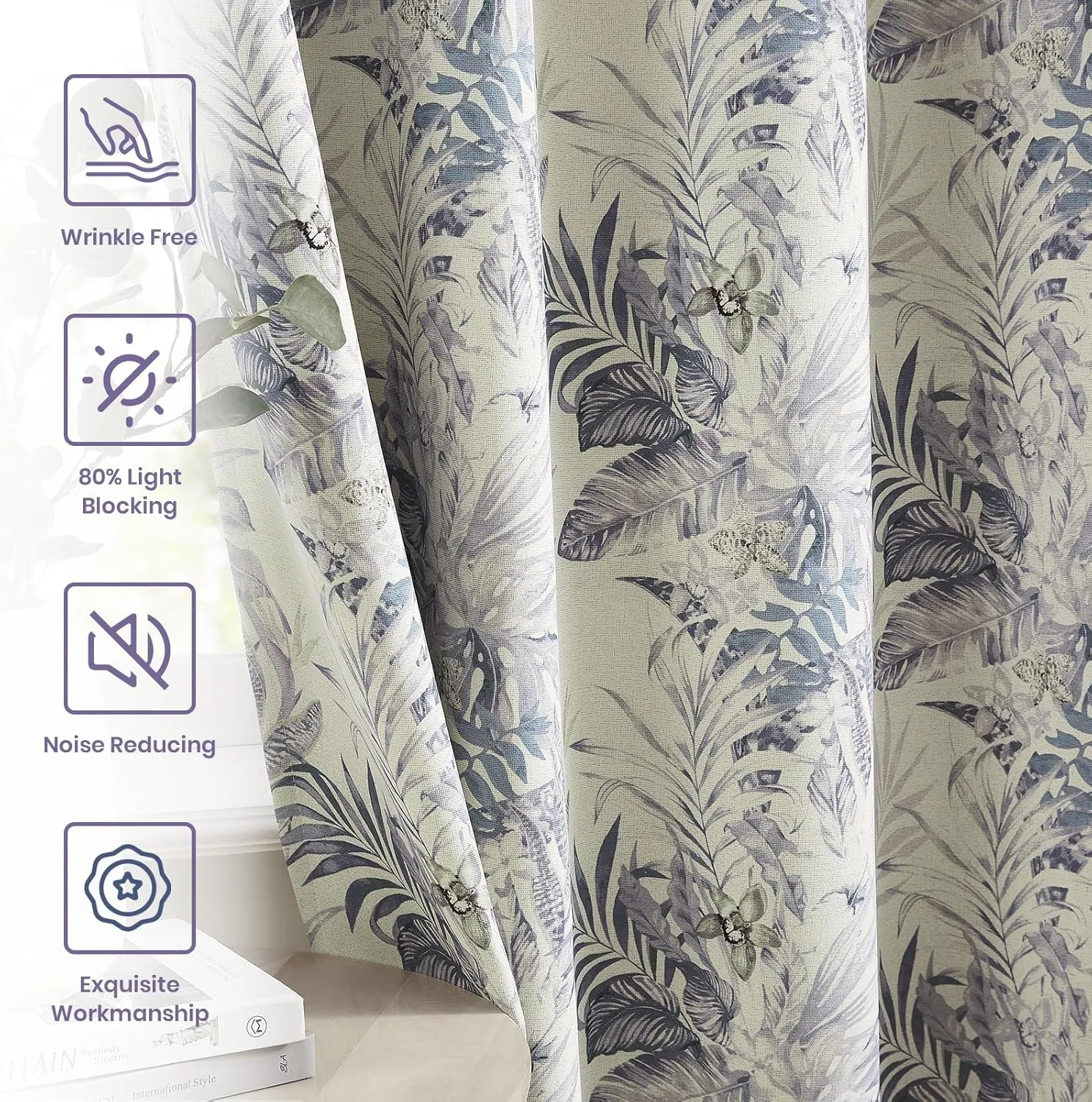 Melodieux Blackout Floral Cotton Curtains 84 Inches Long for Bedroom, Vintage Farmhouse Country Botanical Grommet Drapes Thermal Insulated Living Room Curtains, 52 by 84 in, Purple, 2 Panels