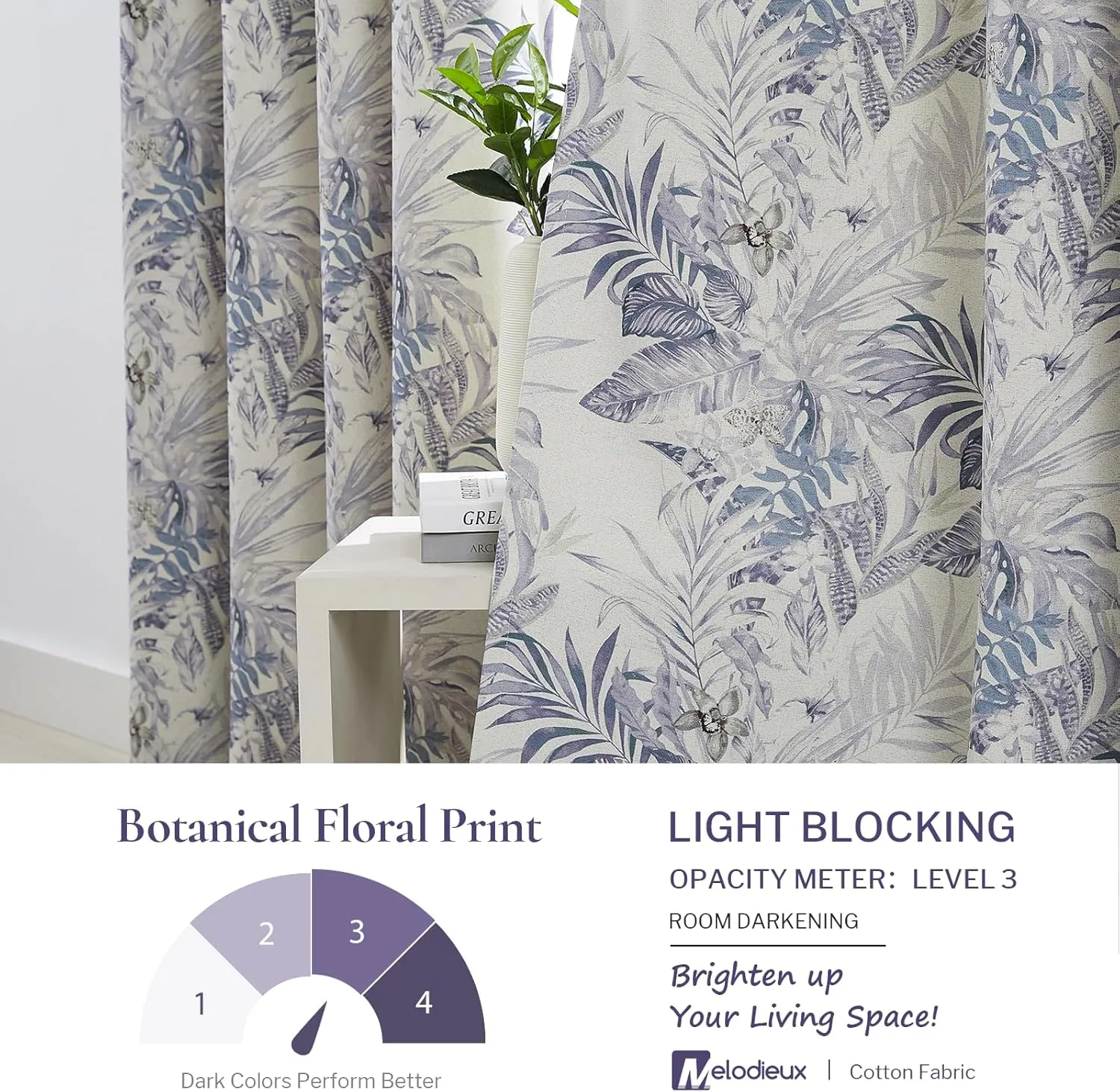 Melodieux Blackout Floral Cotton Curtains 84 Inches Long for Bedroom, Vintage Farmhouse Country Botanical Grommet Drapes Thermal Insulated Living Room Curtains, 52 by 84 in, Purple, 2 Panels