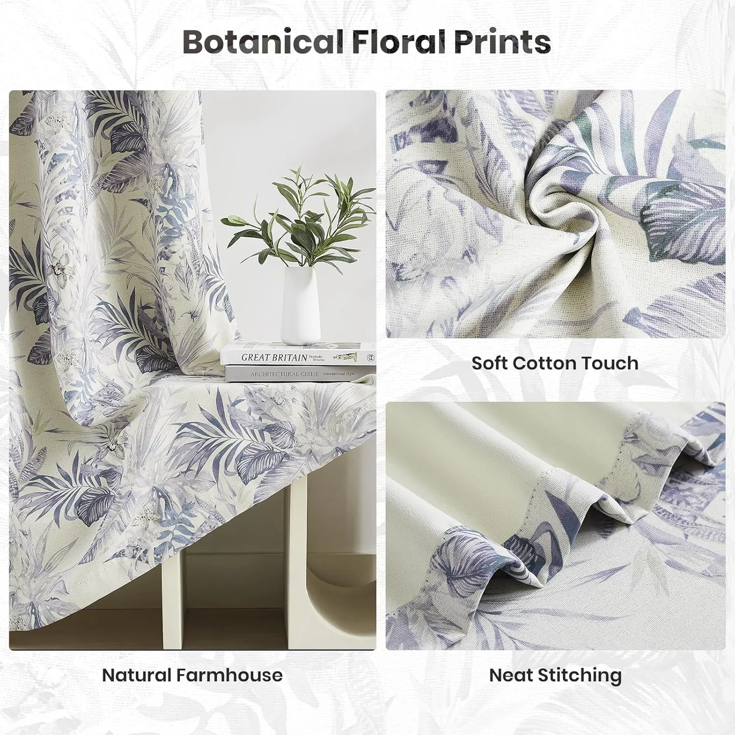 Melodieux Blackout Floral Cotton Curtains 84 Inches Long for Bedroom, Vintage Farmhouse Country Botanical Grommet Drapes Thermal Insulated Living Room Curtains, 52 by 84 in, Purple, 2 Panels