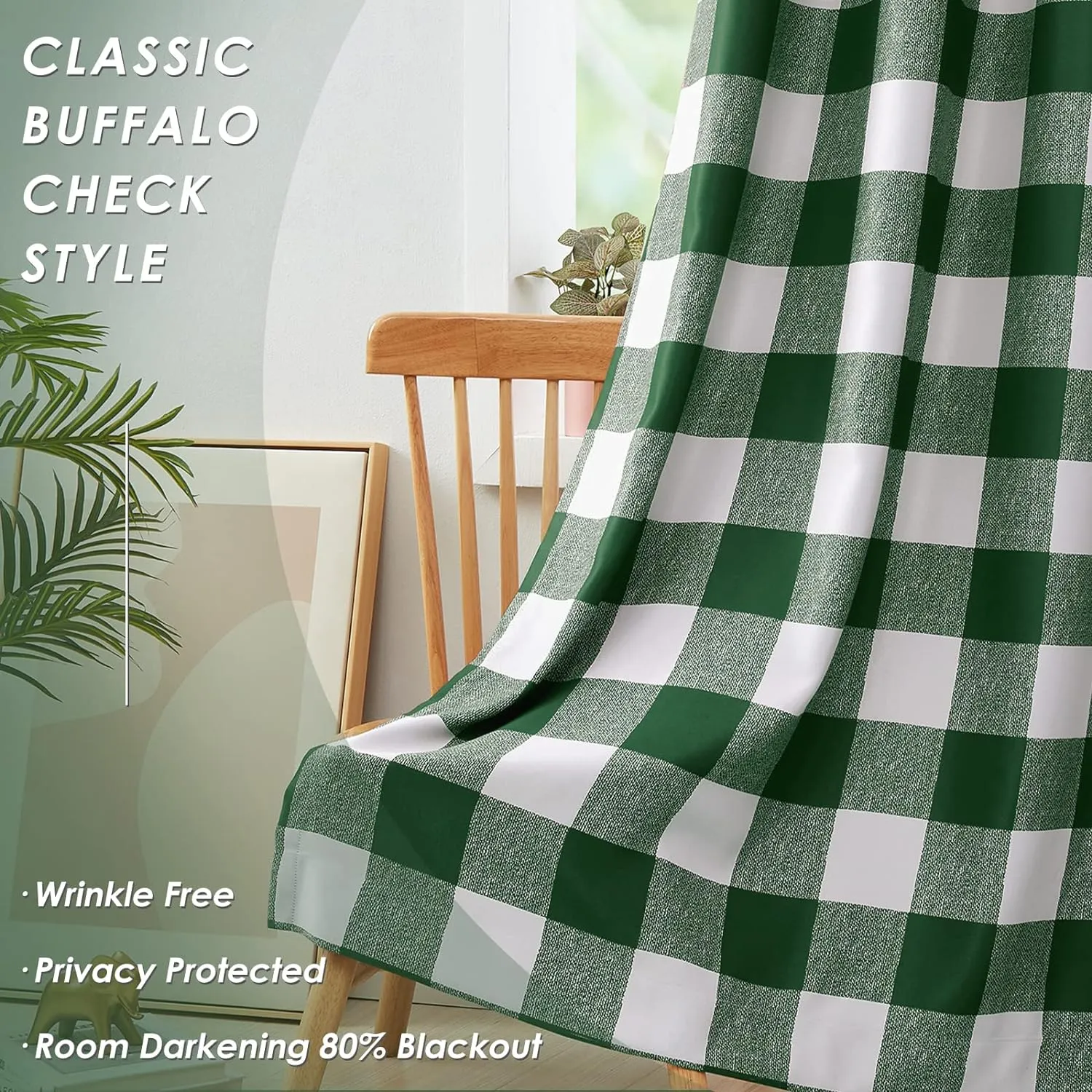 Melodieux Buffalo Check Plaid Blackout Curtains 84 Inches Long for Living Room, Bedroom Thermal Insulated Room Darkening Grommet Drapes, Green, 50 x 84 Inch, 2 Panels