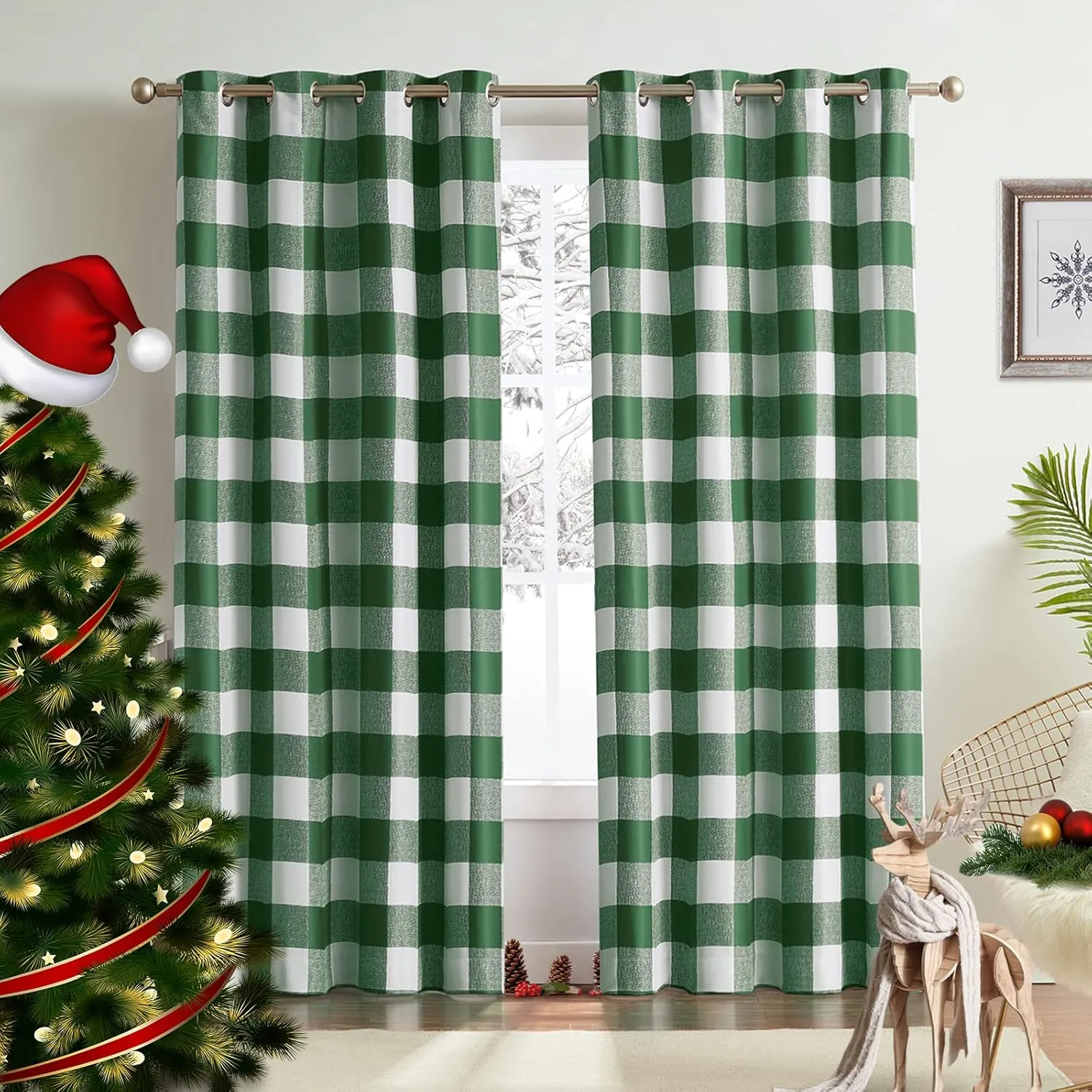 Melodieux Buffalo Check Plaid Blackout Curtains 84 Inches Long for Living Room, Bedroom Thermal Insulated Room Darkening Grommet Drapes, Green, 50 x 84 Inch, 2 Panels