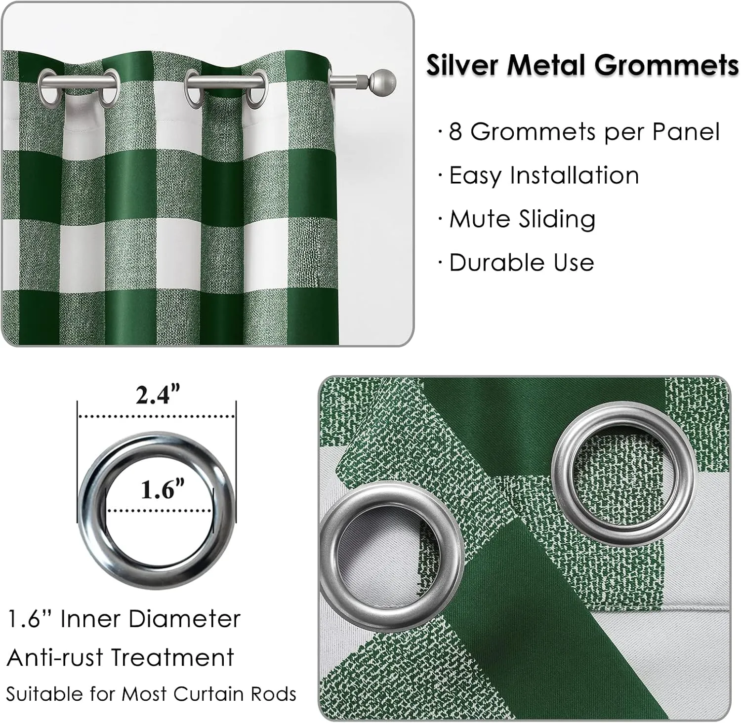 Melodieux Buffalo Check Plaid Blackout Curtains 84 Inches Long for Living Room, Bedroom Thermal Insulated Room Darkening Grommet Drapes, Green, 50 x 84 Inch, 2 Panels
