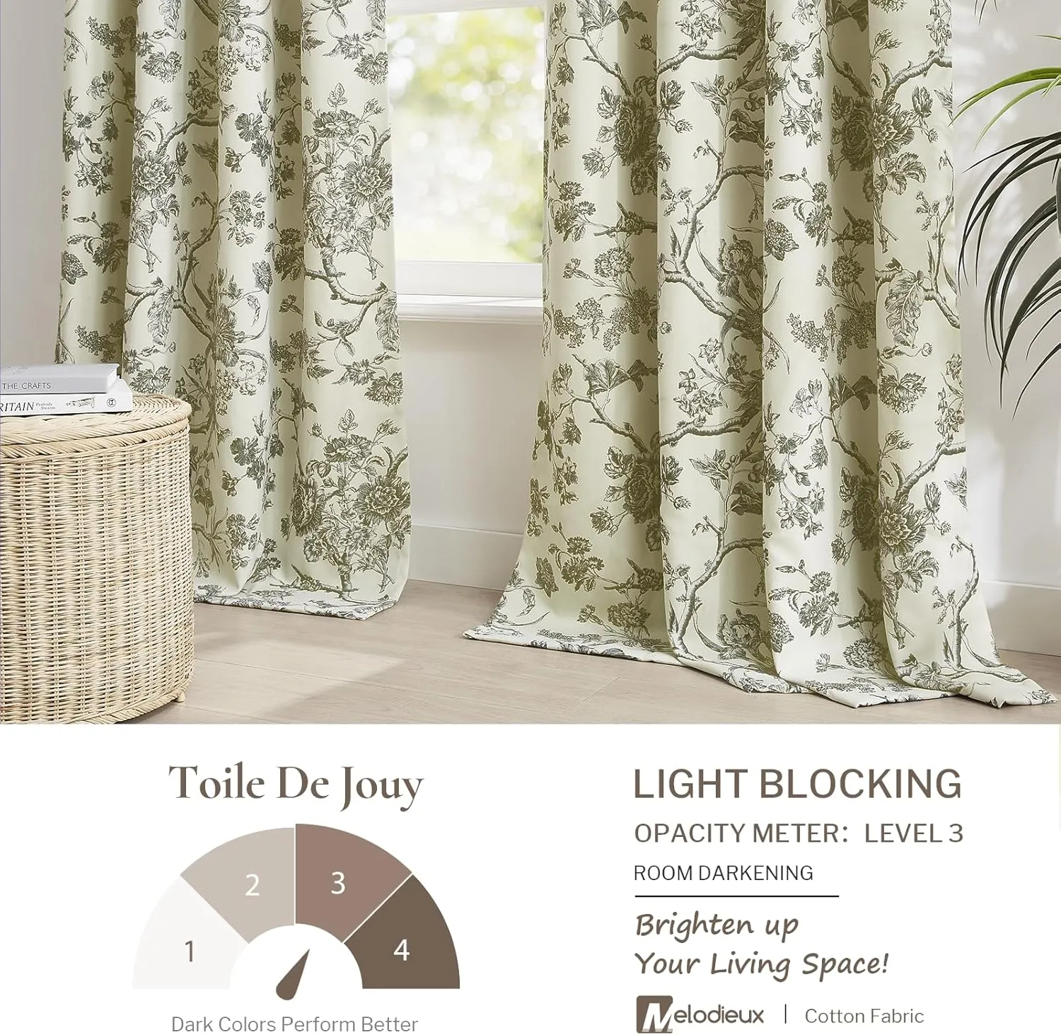 Melodieux Vintage Floral Blackout Curtains 84 Inches Long for Living Room, Bedroom Farmhouse French Country Drapes Cotton Thermal Insulated Grommet Toile Curtains, 52 by 84 in, Tan Beige, 2 Panels