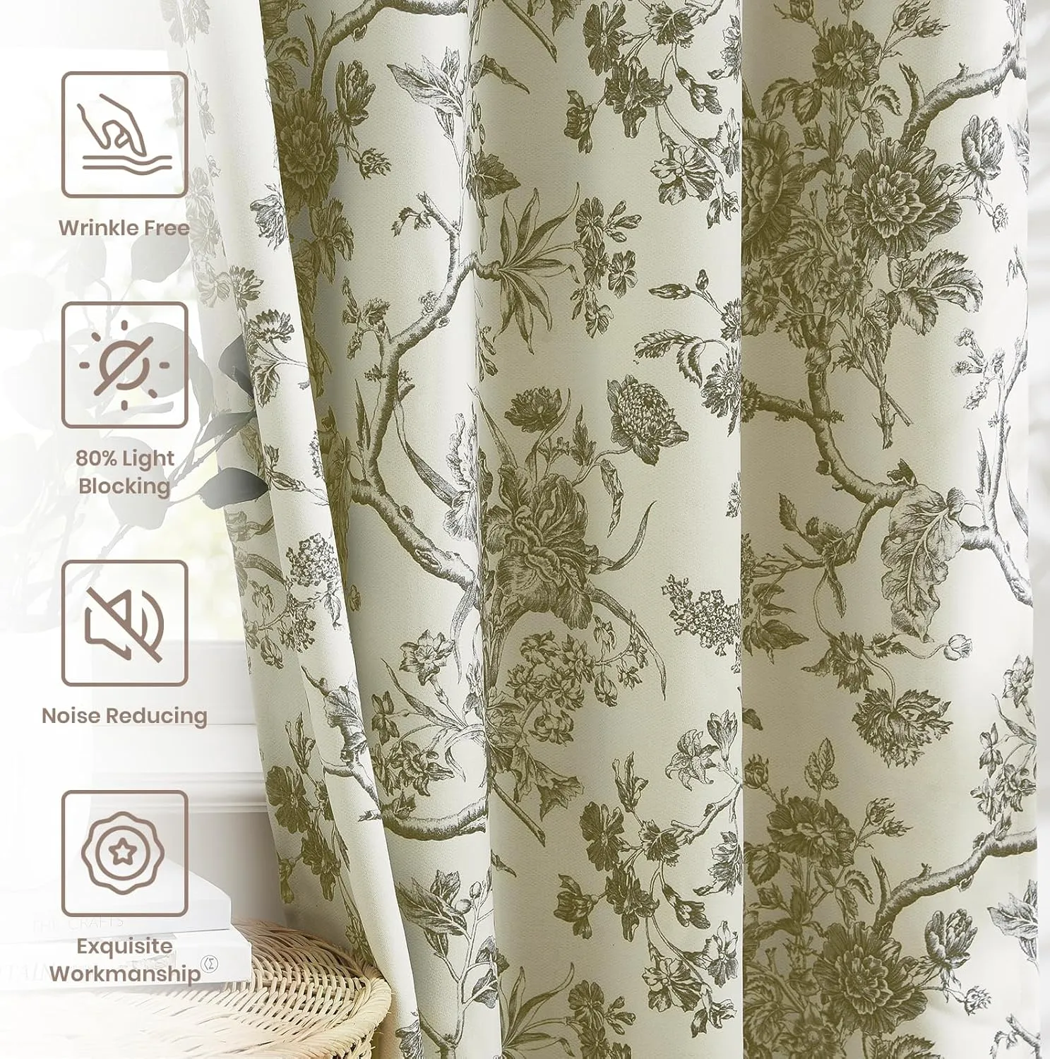 Melodieux Vintage Floral Blackout Curtains 84 Inches Long for Living Room, Bedroom Farmhouse French Country Drapes Cotton Thermal Insulated Grommet Toile Curtains, 52 by 84 in, Tan Beige, 2 Panels