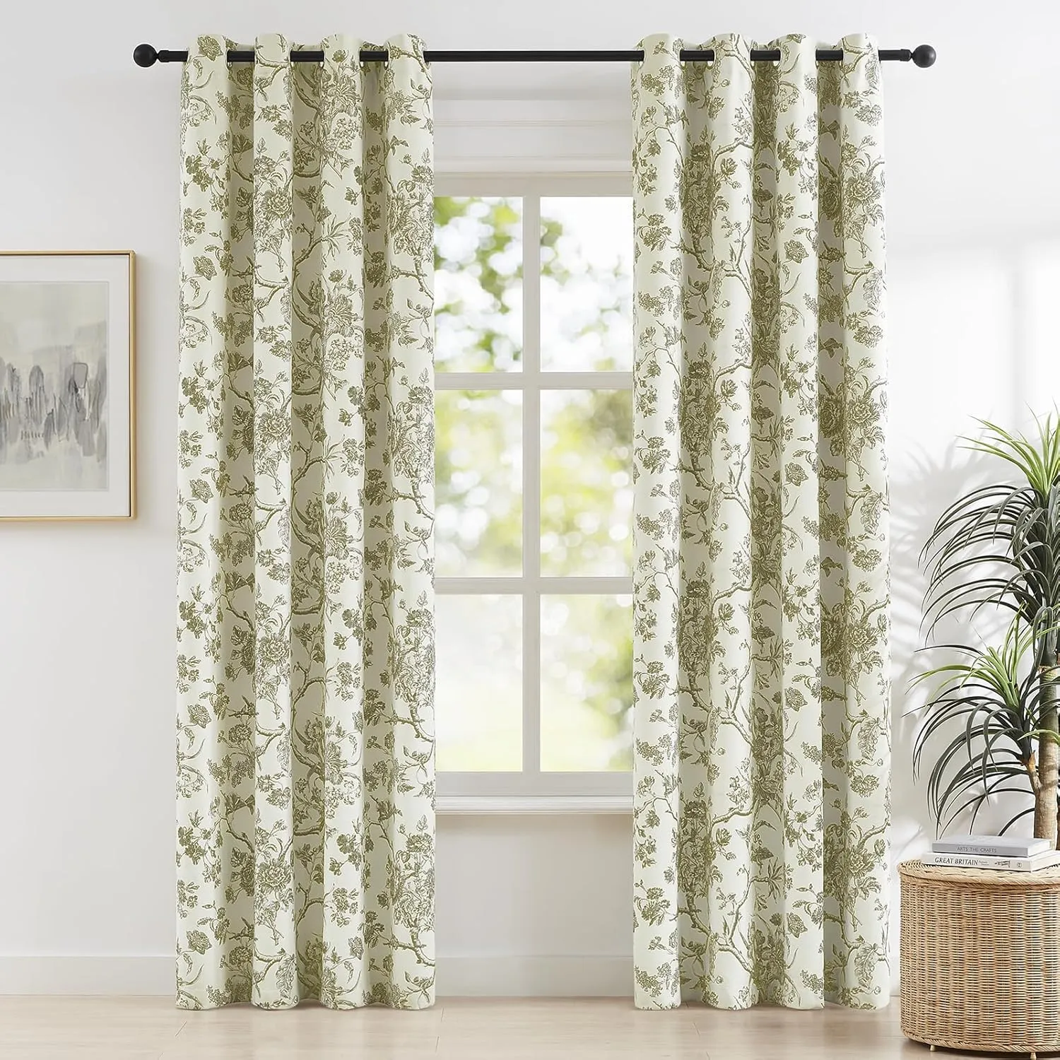 Melodieux Vintage Floral Blackout Curtains 84 Inches Long for Living Room, Bedroom Farmhouse French Country Drapes Cotton Thermal Insulated Grommet Toile Curtains, 52 by 84 in, Tan Beige, 2 Panels