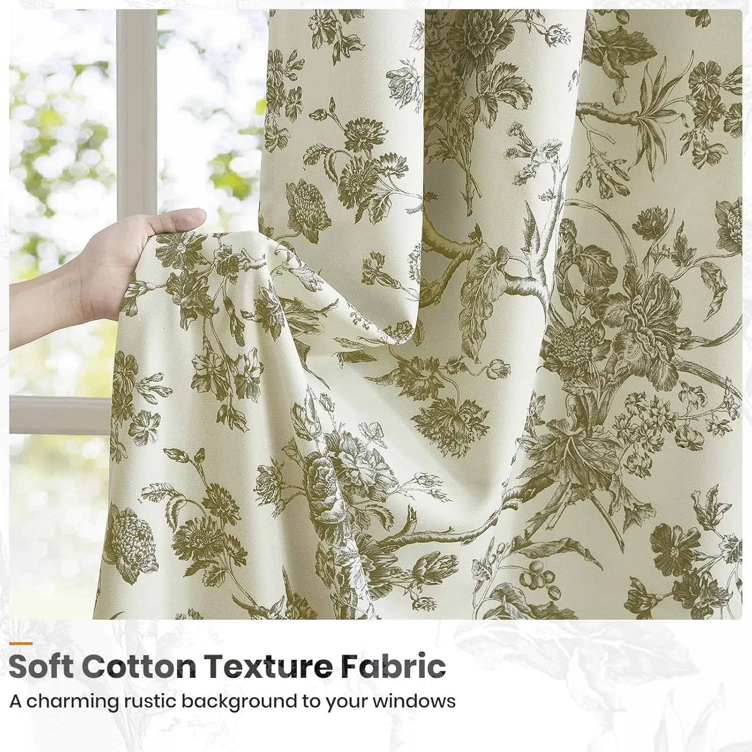 Melodieux Vintage Floral Blackout Curtains 84 Inches Long for Living Room, Bedroom Farmhouse French Country Drapes Cotton Thermal Insulated Grommet Toile Curtains, 52 by 84 in, Tan Beige, 2 Panels