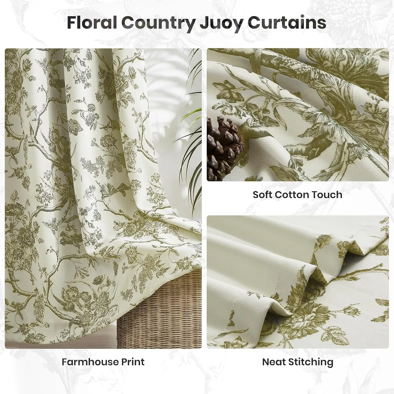 Melodieux Vintage Floral Blackout Curtains 84 Inches Long for Living Room, Bedroom Farmhouse French Country Drapes Cotton Thermal Insulated Grommet Toile Curtains, 52 by 84 in, Tan Beige, 2 Panels