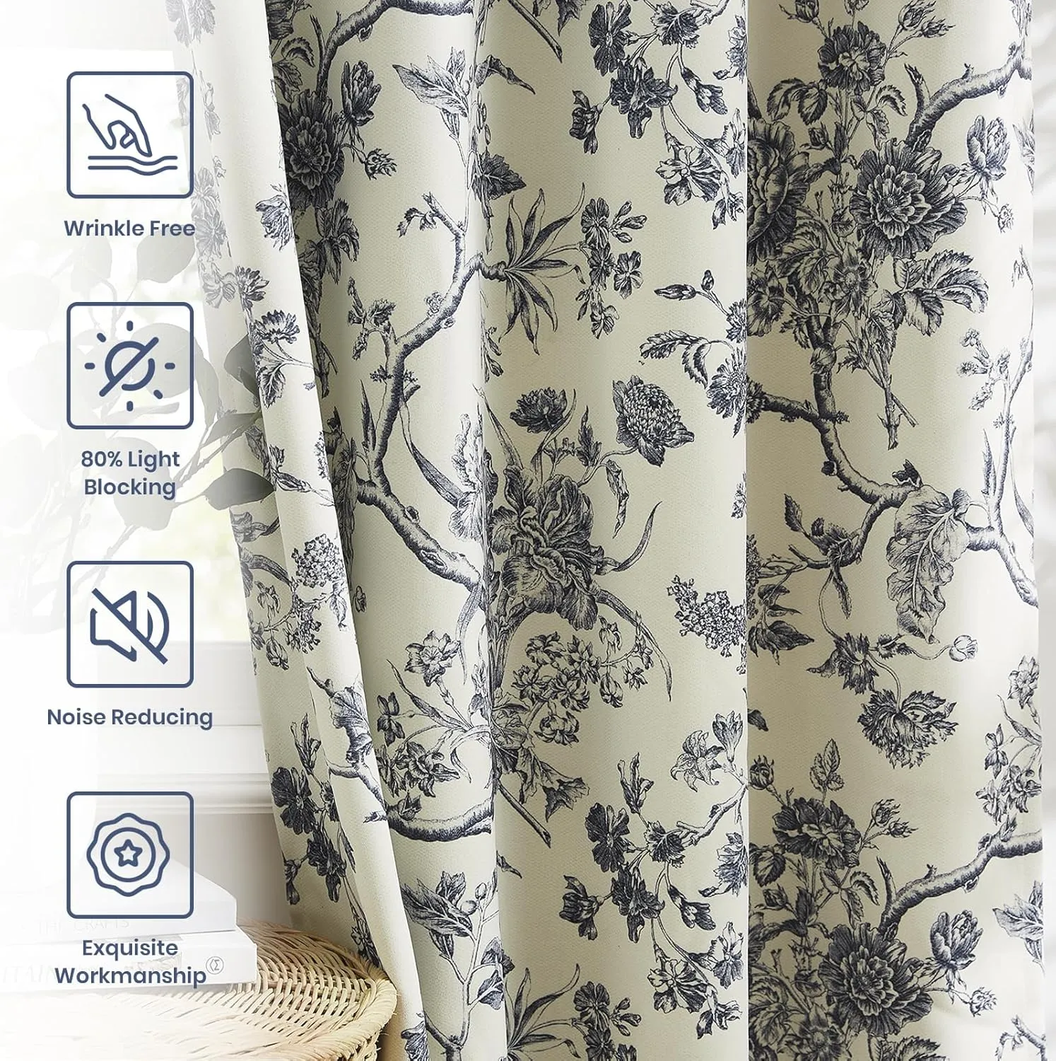 Melodieux Vintage Floral Blackout Curtains 84 Inches Long for Living Room, Bedroom French Country Farmhouse Drapes Cotton Thermal Insulated Grommet Toile Curtains, 52 by 84 in, Navy Blue, 2 Panels