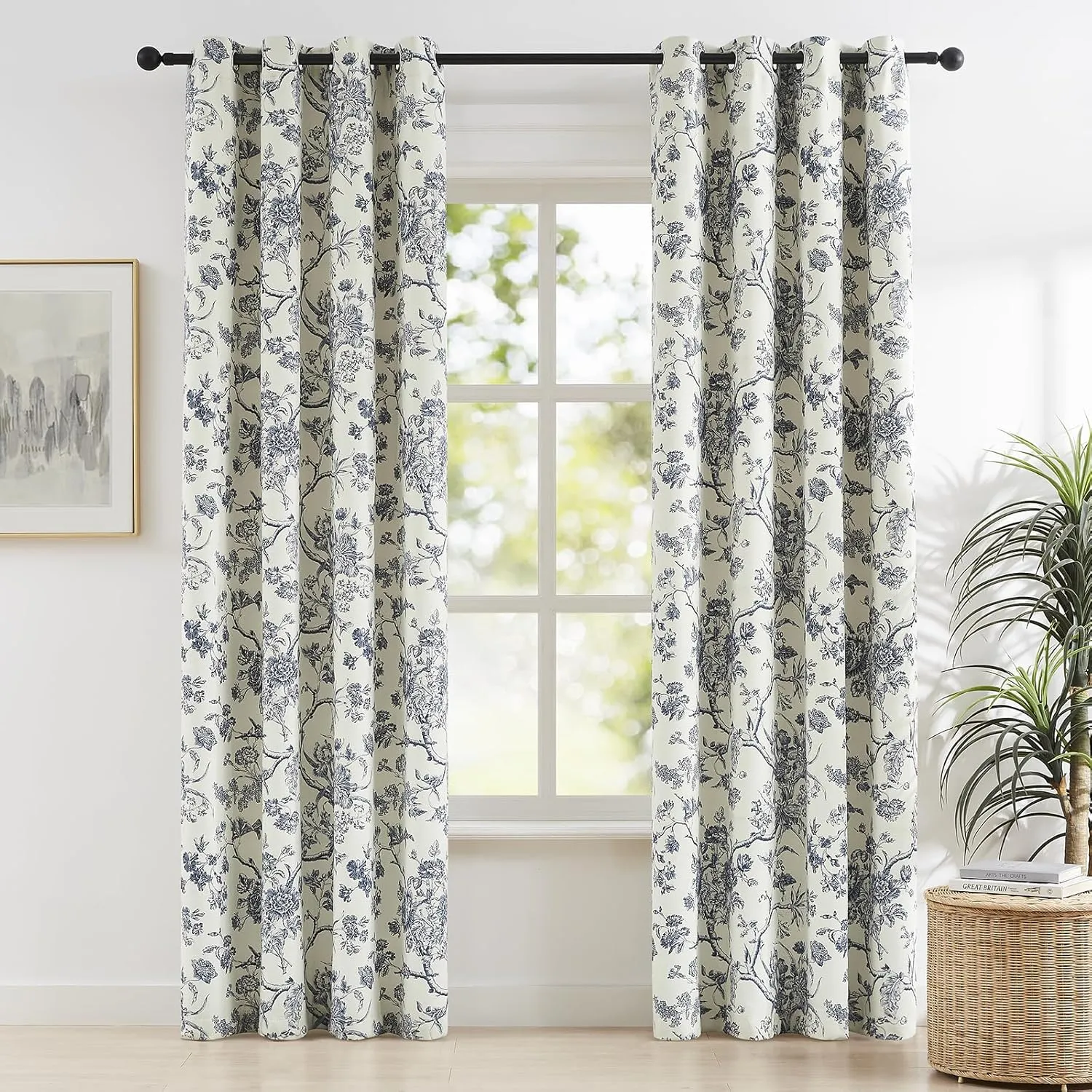 Melodieux Vintage Floral Blackout Curtains 84 Inches Long for Living Room, Bedroom French Country Farmhouse Drapes Cotton Thermal Insulated Grommet Toile Curtains, 52 by 84 in, Navy Blue, 2 Panels