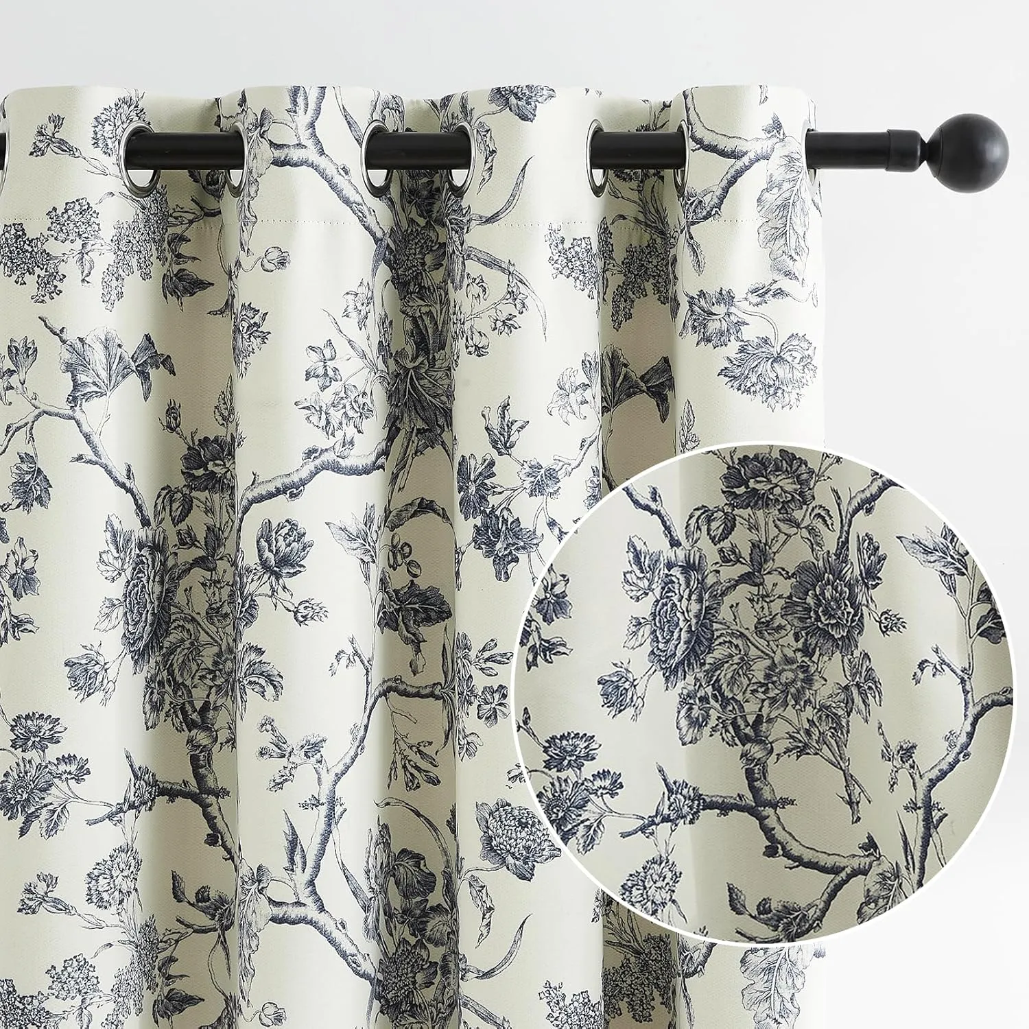 Melodieux Vintage Floral Blackout Curtains 84 Inches Long for Living Room, Bedroom French Country Farmhouse Drapes Cotton Thermal Insulated Grommet Toile Curtains, 52 by 84 in, Navy Blue, 2 Panels