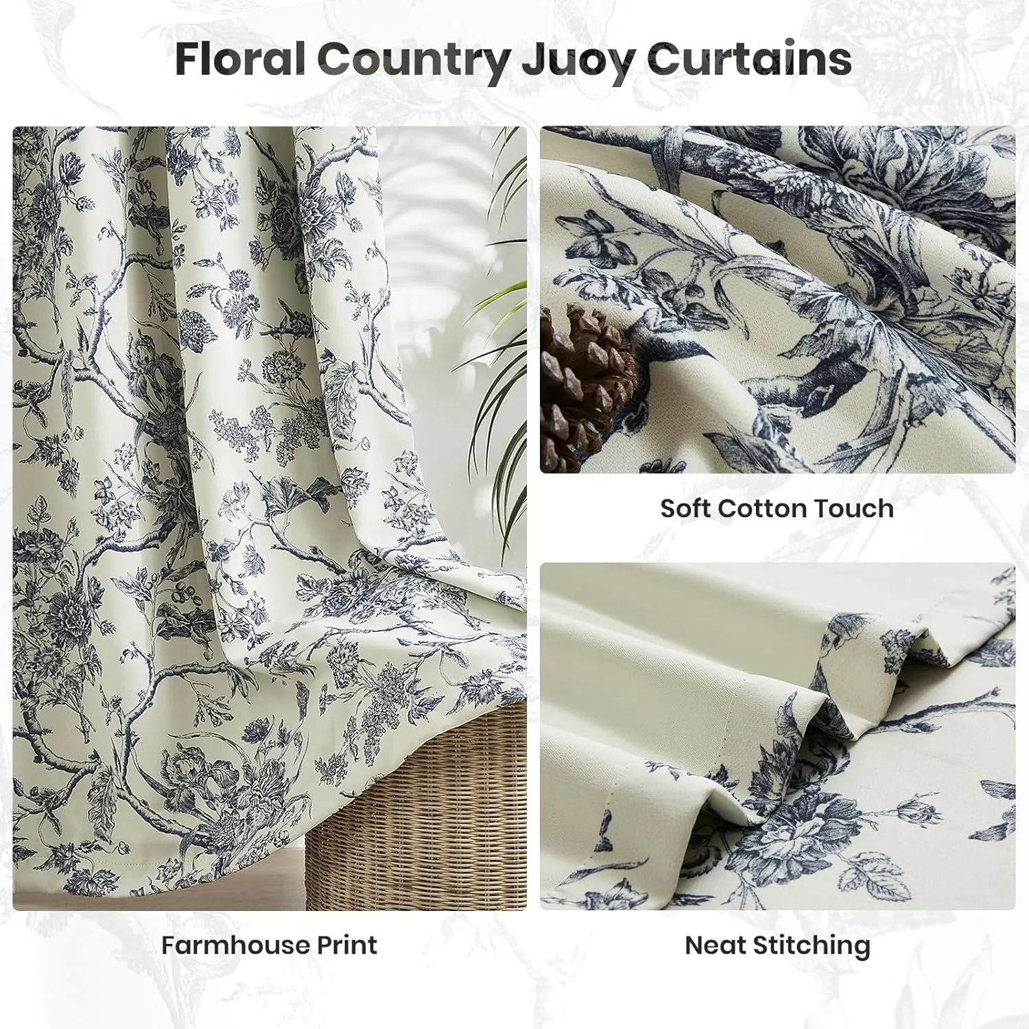 Melodieux Vintage Floral Blackout Curtains 84 Inches Long for Living Room, Bedroom French Country Farmhouse Drapes Cotton Thermal Insulated Grommet Toile Curtains, 52 by 84 in, Navy Blue, 2 Panels