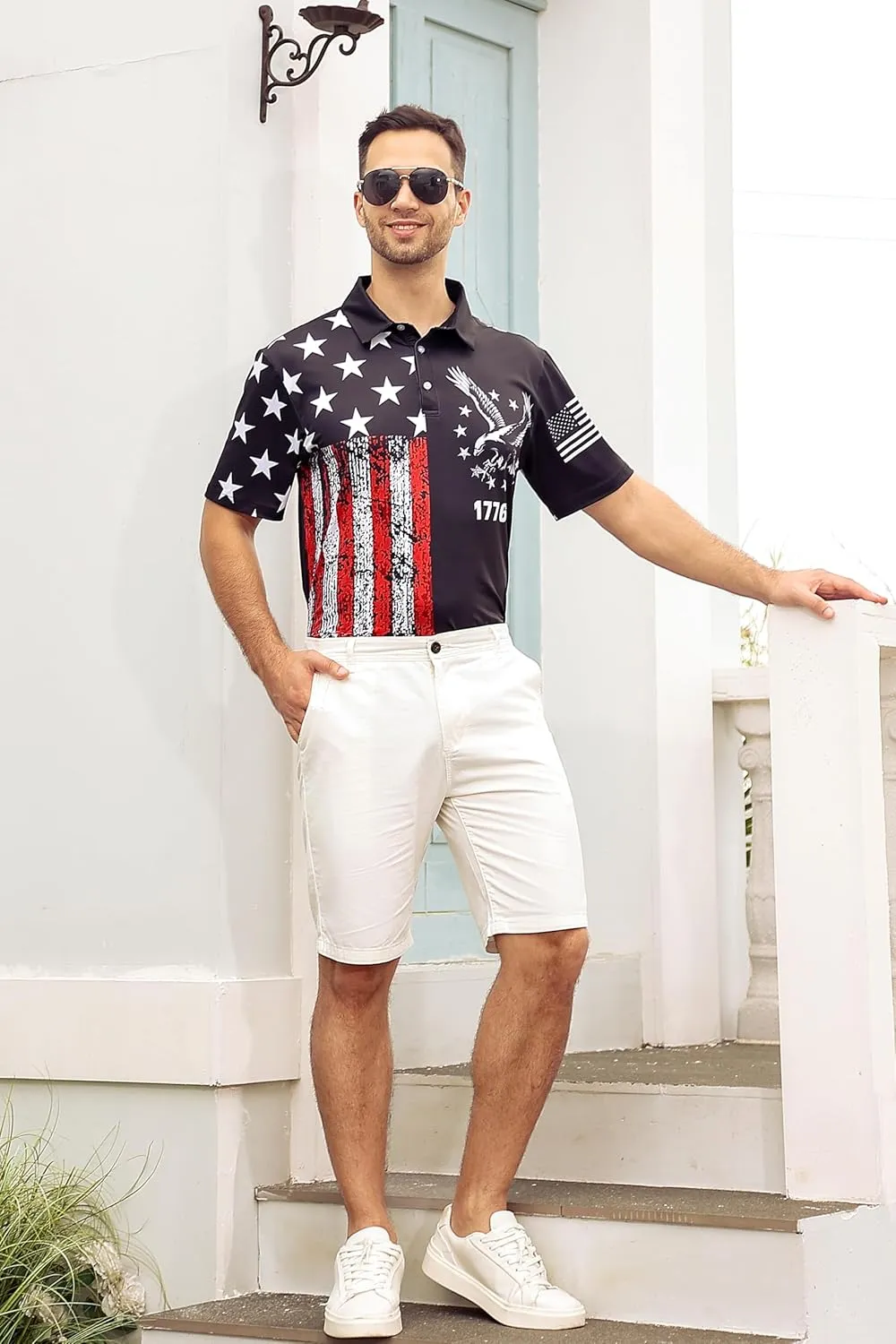 Mens American Flag Golf Shirts 4th of July Polo Shirt Dry Fit USA Patriotic Short Sleeve