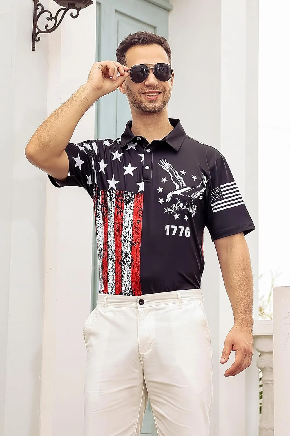 Mens American Flag Golf Shirts 4th of July Polo Shirt Dry Fit USA Patriotic Short Sleeve