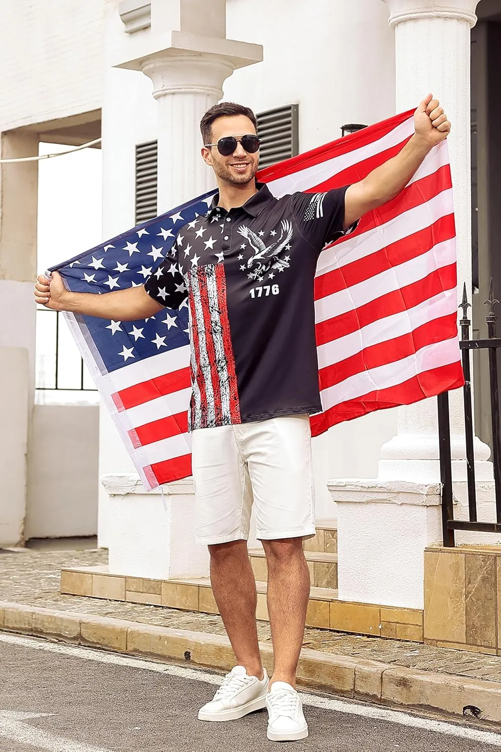 Mens American Flag Golf Shirts 4th of July Polo Shirt Dry Fit USA Patriotic Short Sleeve