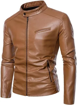 Men's Casual Faux Leather Jacket Stand Collar Zip-up Biker Motorcycle Jackets Classic Solid Jackets Coat with Pocket