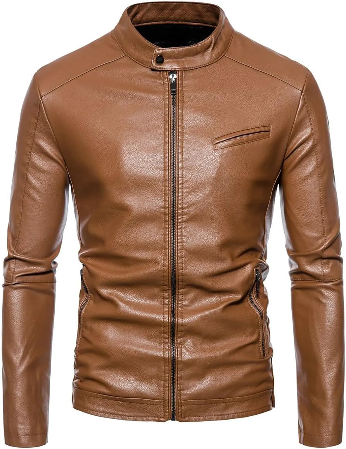 Men's Casual Faux Leather Jacket Stand Collar Zip-up Biker Motorcycle Jackets Classic Solid Jackets Coat with Pocket