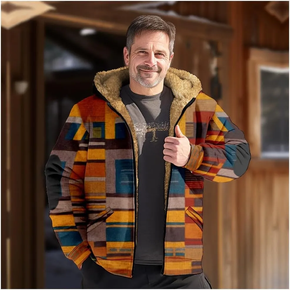 Mens Fuzzy Sherpa Jacket Long Sleeve Fleece Zip Up Coat Faux Puffer Jacket Outdoor Thick Casual Hoodies Hooded