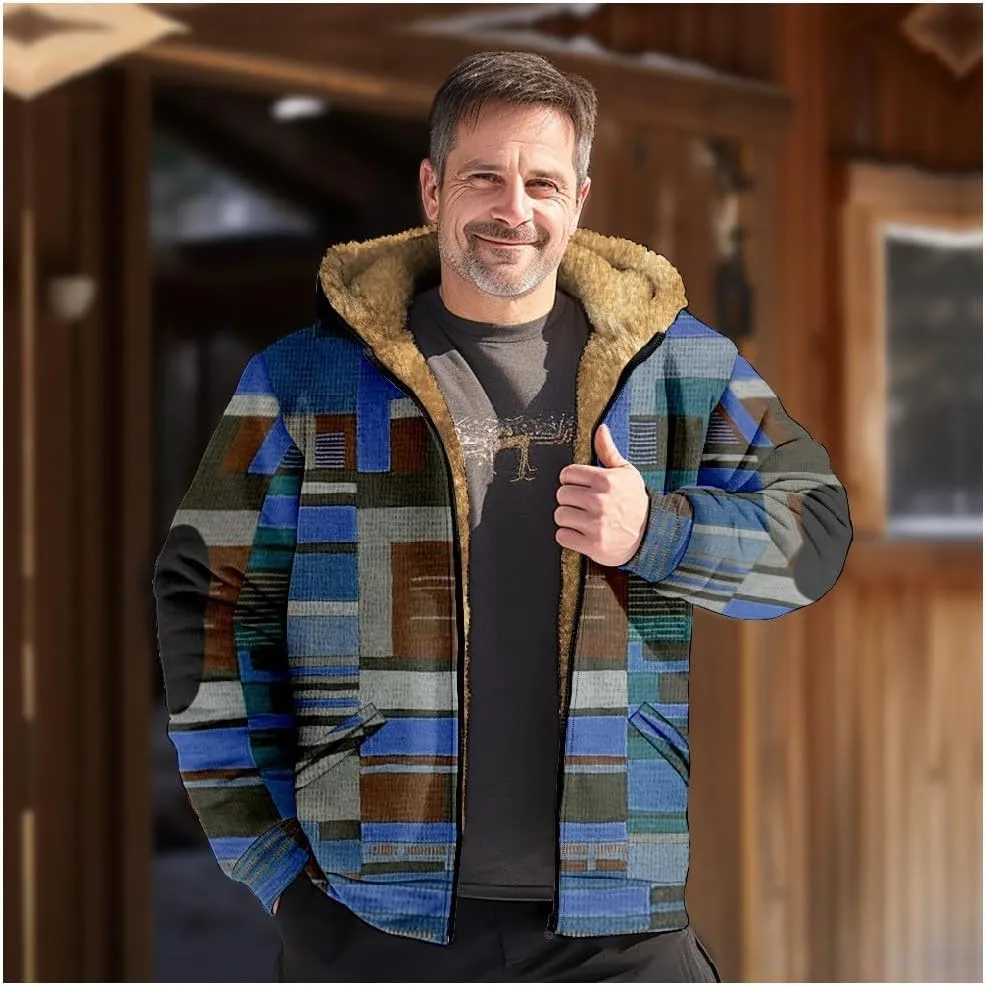 Mens Fuzzy Sherpa Jacket Long Sleeve Fleece Zip Up Coat Faux Puffer Jacket Outdoor Thick Casual Hoodies Hooded