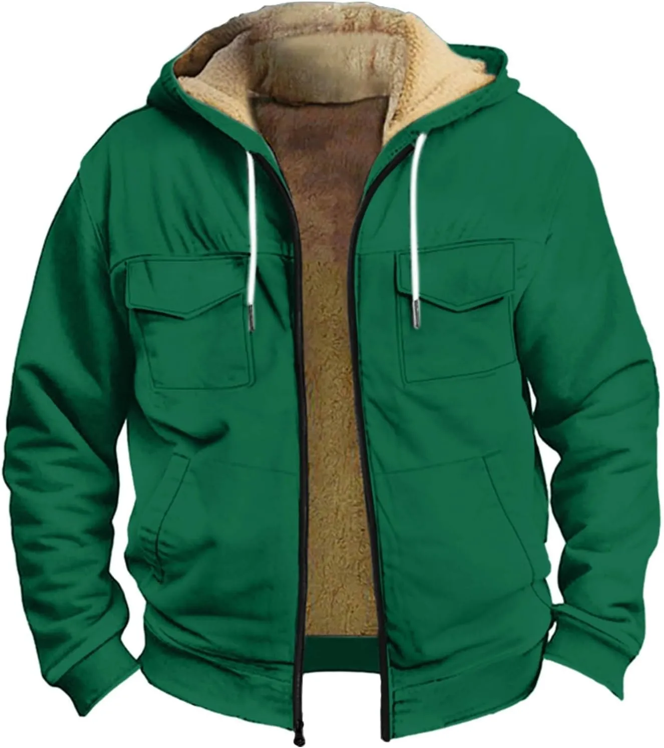 Men's Sherpa Fleece Lined Jackets Winter Warm Thick Zip Big and Tall Sherpa Lined Pullover Drawstring Coats Outwear