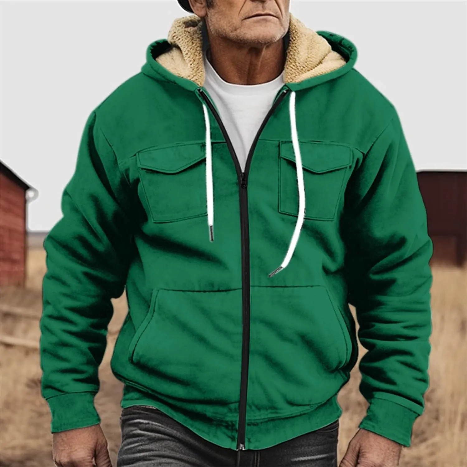 Men's Sherpa Fleece Lined Jackets Winter Warm Thick Zip Big and Tall Sherpa Lined Pullover Drawstring Coats Outwear