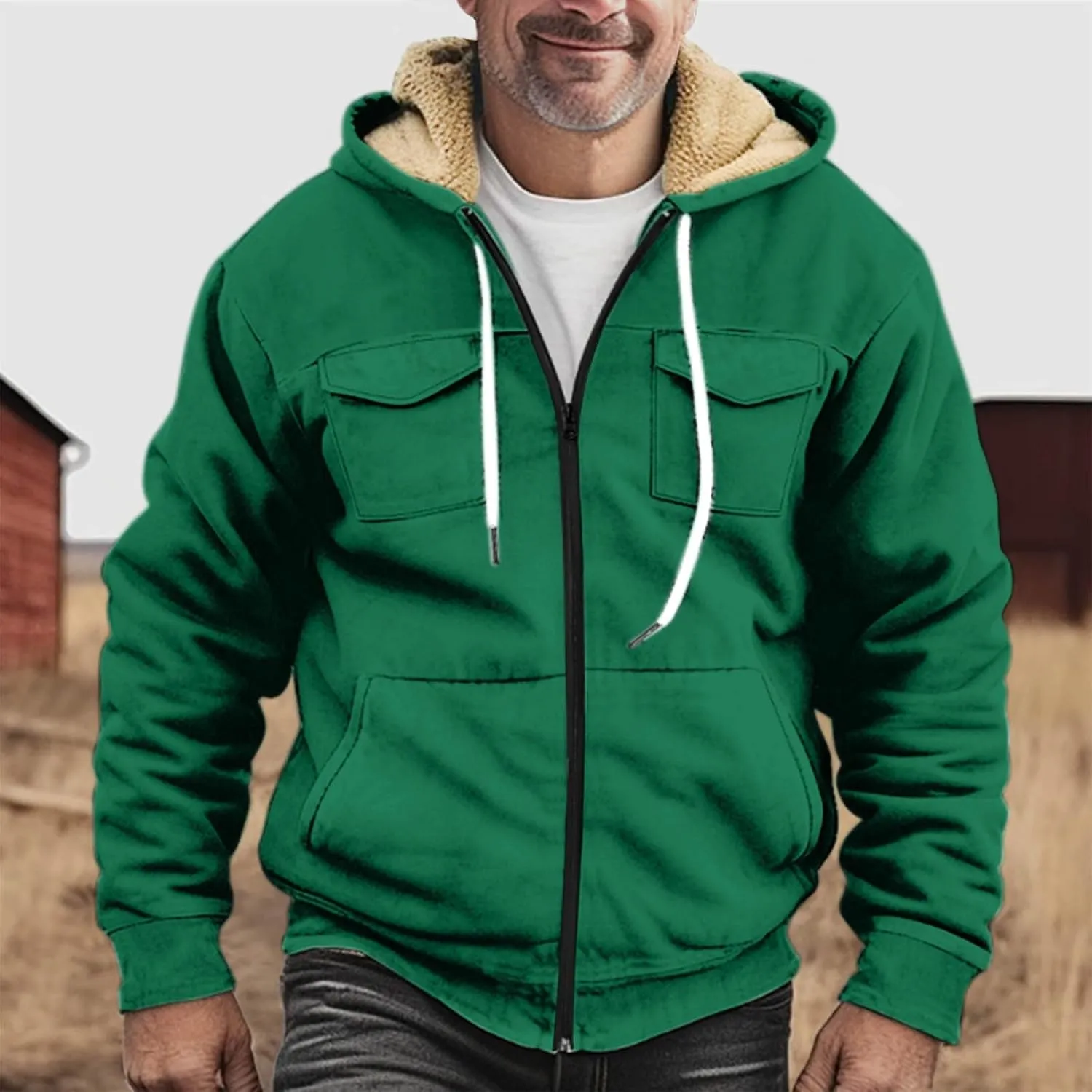 Men's Sherpa Fleece Lined Jackets Winter Warm Thick Zip Big and Tall Sherpa Lined Pullover Drawstring Coats Outwear