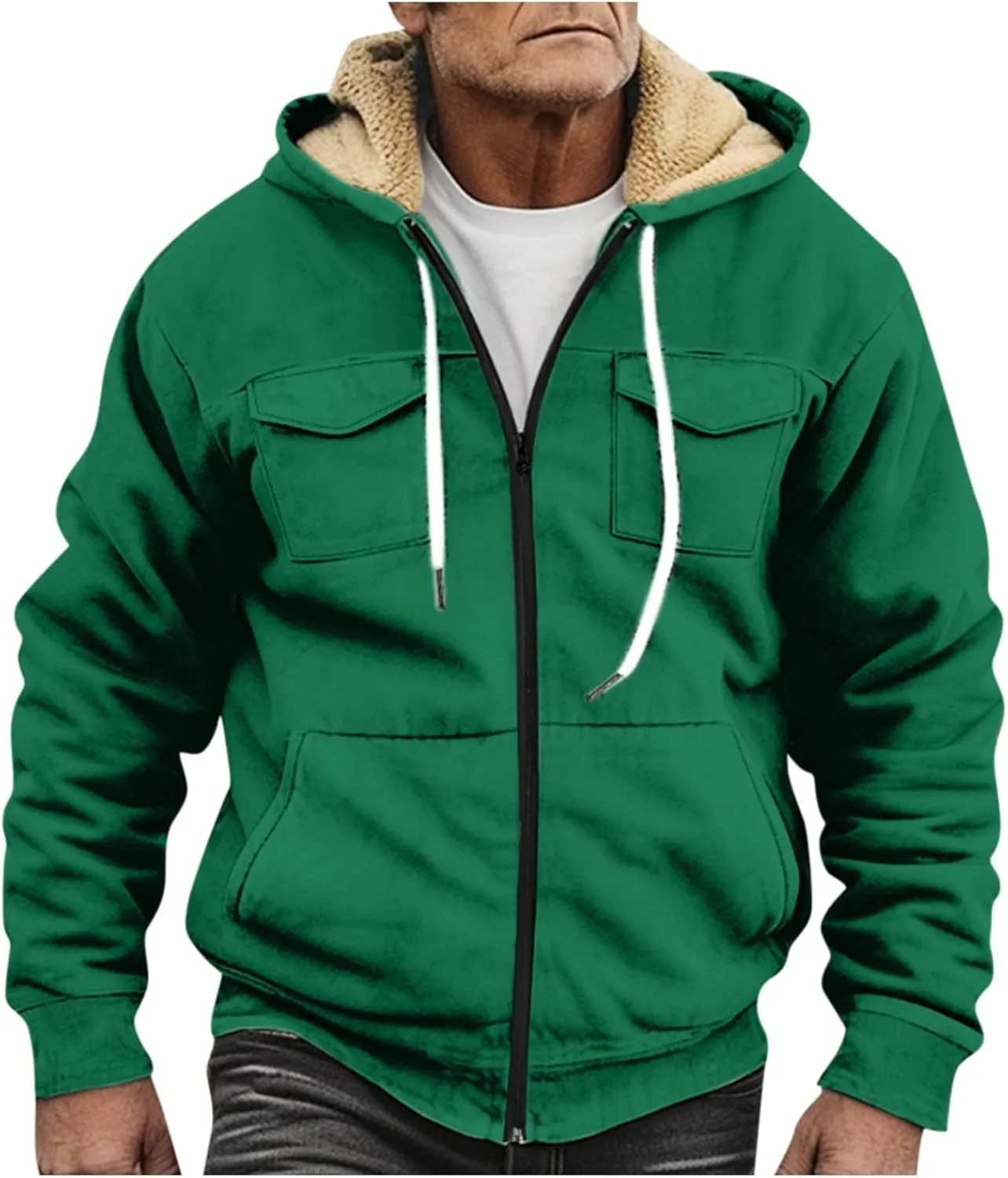 Men's Sherpa Fleece Lined Jackets Winter Warm Thick Zip Big and Tall Sherpa Lined Pullover Drawstring Coats Outwear