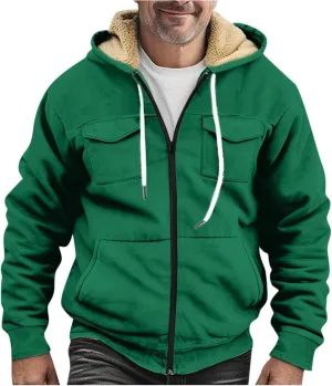 Men's Sherpa Fleece Lined Jackets Winter Warm Thick Zip Big and Tall Sherpa Lined Pullover Drawstring Coats Outwear