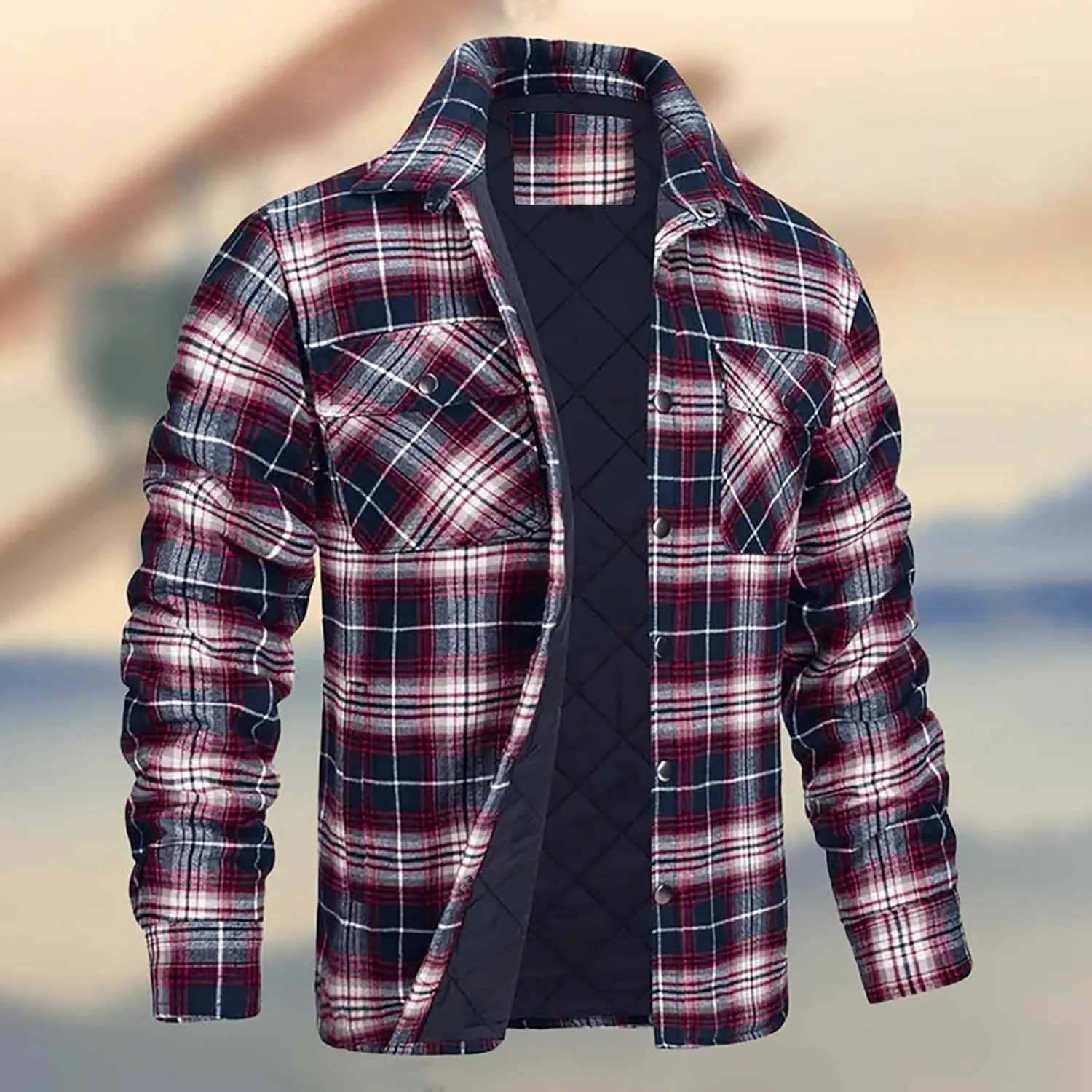 Mens Sherpa Lined Shacket Regular Fit Long Sleeve Plaid Shacket Coat Casual Long Sleeve Buttons Shirts Jackets