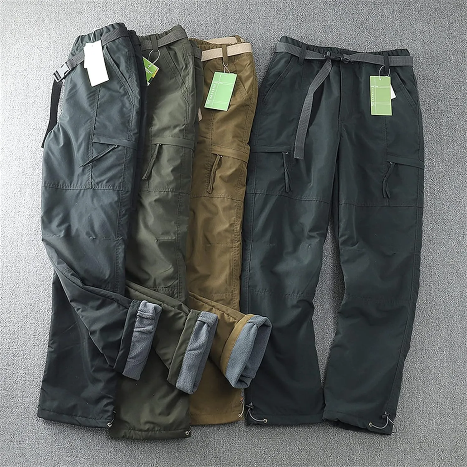 Mens Snow Ski Waterproof Cargo Pants Insulated Softshell Snowboard Pants Outdoor Hiking Fleece Lined Bottoms with Belt (Large,Black (Free Belt))