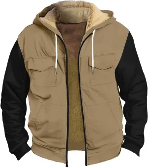Men's Winter Jacket Printed Work Cargo Coats Hooded Outerwear Zipper Hoodies Fleece Sherpa Lined Sweatshirt Tops