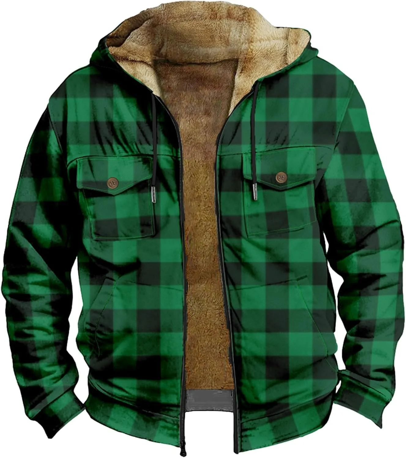 Men's Winter Jacket Printed Work Cargo Coats Hooded Outerwear Zipper Hoodies Fleece Sherpa Lined Sweatshirt Tops
