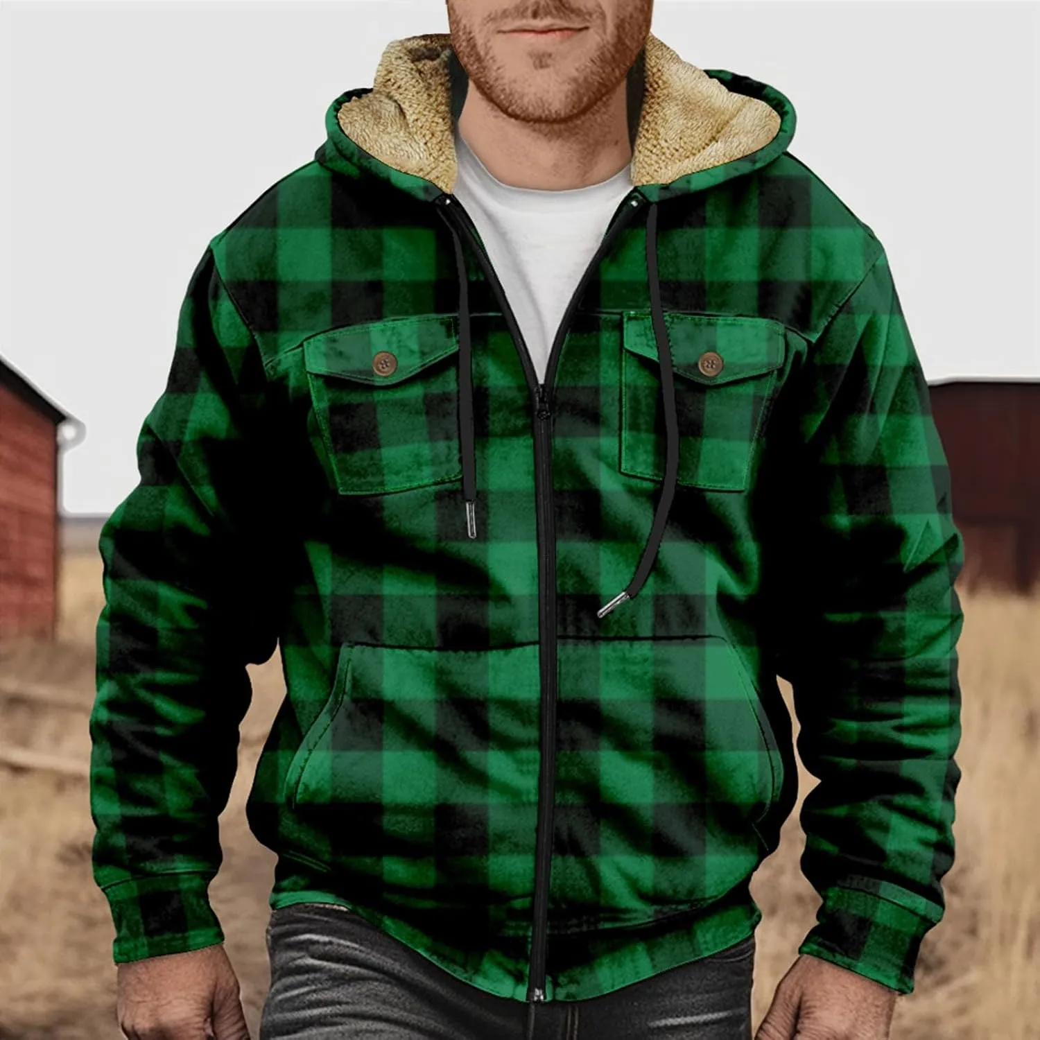 Men's Winter Jacket Printed Work Cargo Coats Hooded Outerwear Zipper Hoodies Fleece Sherpa Lined Sweatshirt Tops