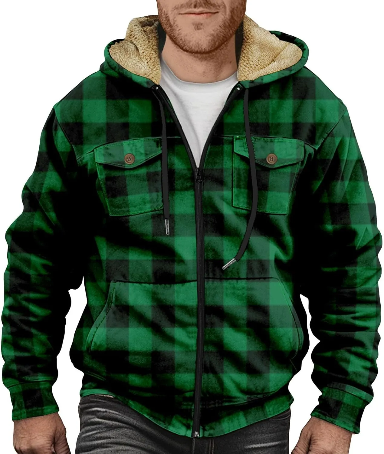 Men's Winter Jacket Printed Work Cargo Coats Hooded Outerwear Zipper Hoodies Fleece Sherpa Lined Sweatshirt Tops