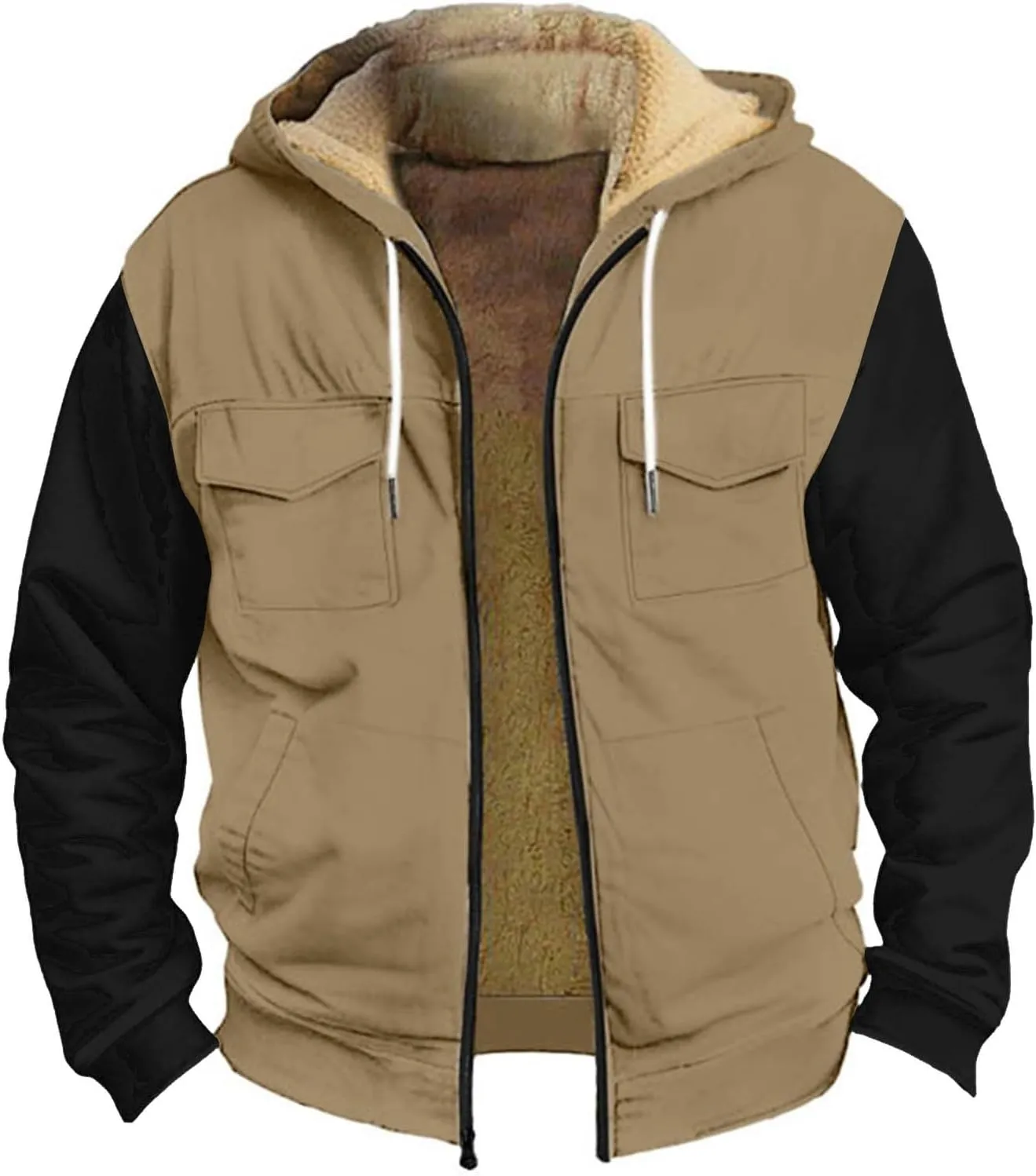 Men's Winter Jacket Printed Work Cargo Coats Hooded Outerwear Zipper Hoodies Fleece Sherpa Lined Sweatshirt Tops