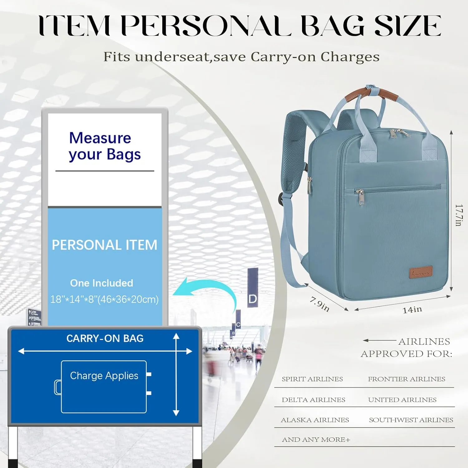 Mens Womens Carry On Backpack for Airplanes Personal Item Travel Bag Frontier Spirit Airlines Personal Item Bag 18x14x8 Personal Item Backpack With Laptop Compartment Up to 17" for Women Men
