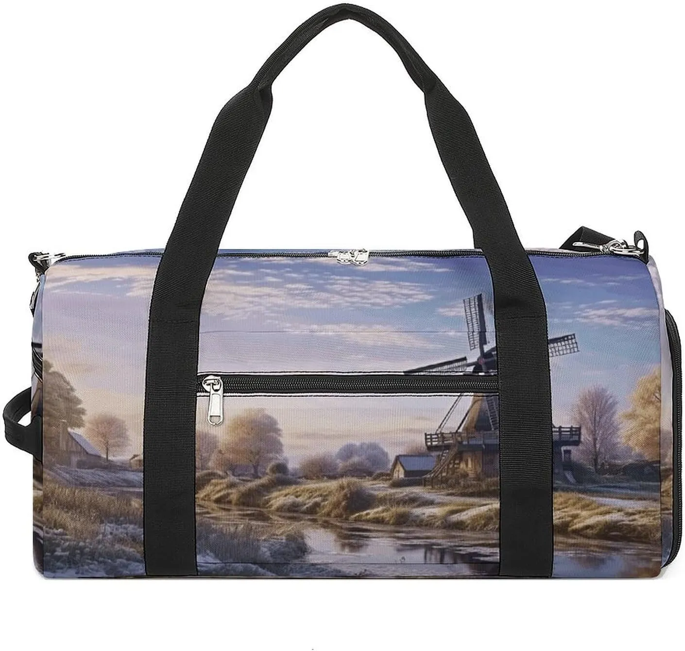 Mens Womens Gym Bag, Landscape with A Traditional Windmill Print Duffle Bags,travel Gym Duffle Bag,garment Duffle Bag,gym Bag with Shoe Compartment