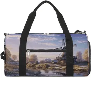 Mens Womens Gym Bag, Landscape with A Traditional Windmill Print Duffle Bags,travel Gym Duffle Bag,garment Duffle Bag,gym Bag with Shoe Compartment